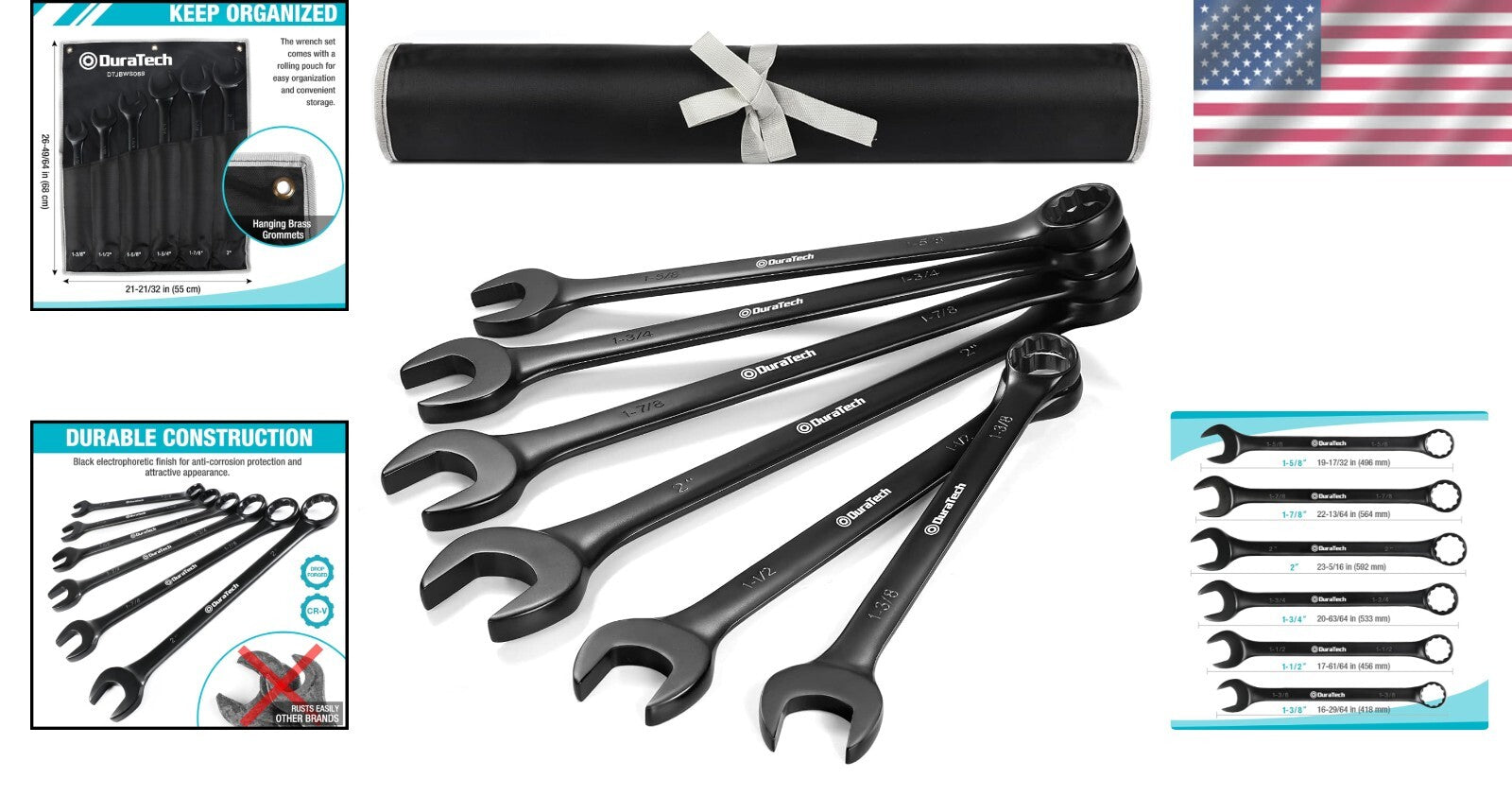 Durable Black Electrophoretic Wrench Set - 6 Jumbo Sizes, Easy Storage Pouch