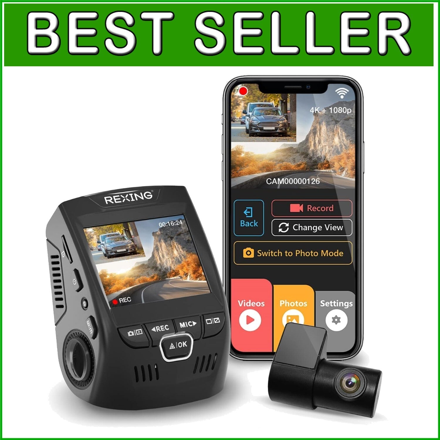 4K Front & Rear Dash Cam with Mobile App Control, 170° Wide View & Night Vision