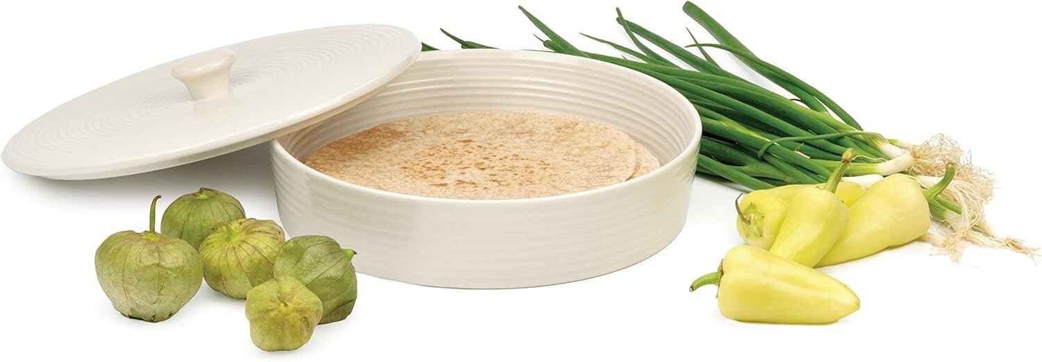Durable 10" Round Stoneware Tortilla Warmer - Dishwasher & Microwave Safe