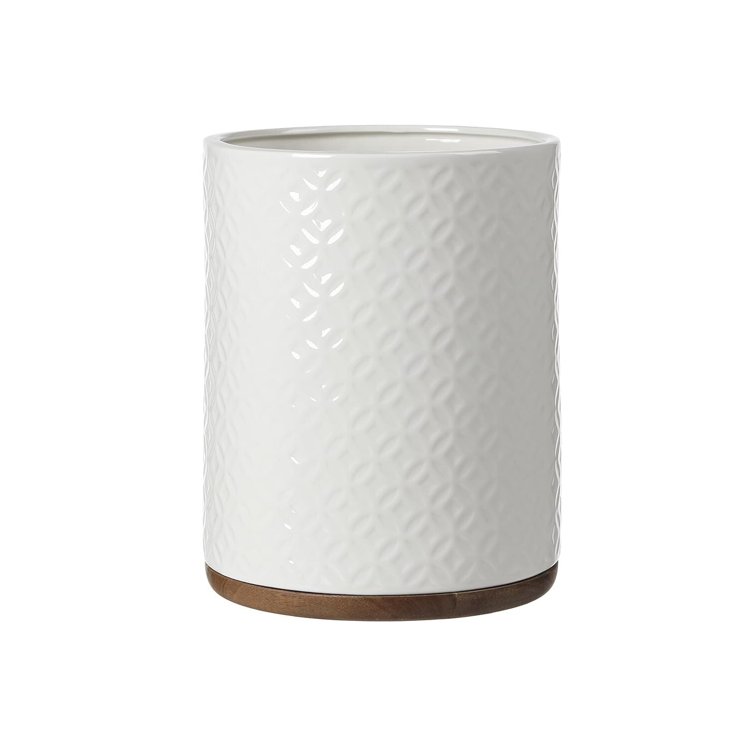 Ceramic Decorative Trash Can with Wooden Base - Luxurious Bathroom Wastebasket