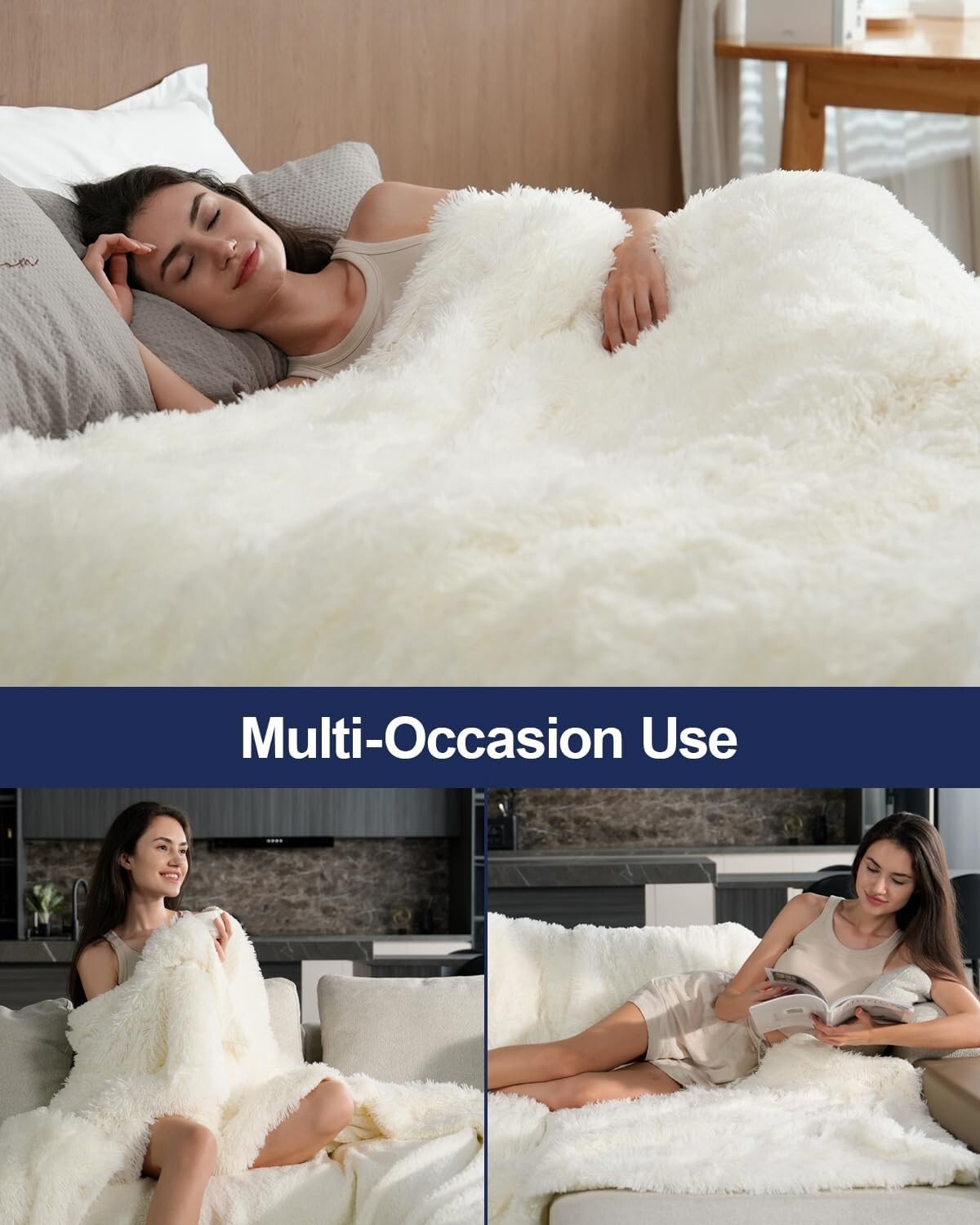 Luxurious Cream Faux Fur Throw - Reversible 60x80 Blanket for Year-Round Comfort