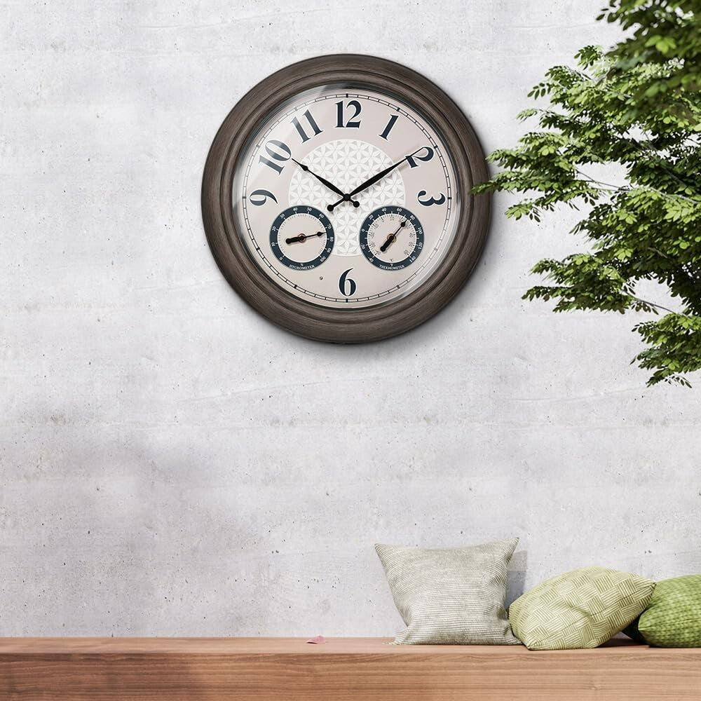 Elegant 18 Inch Illuminated Outdoor Clock with Thermometer - Grey Oak Finish