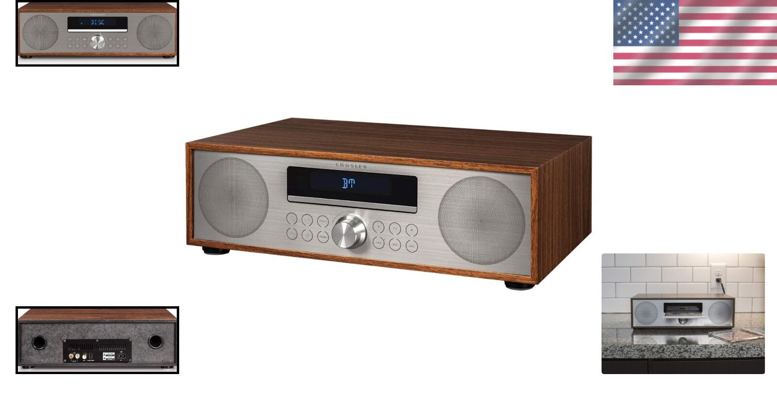 Walnut Bluetooth FM Clock Radio & Dual Speaker CD Player - Retro Modern Design