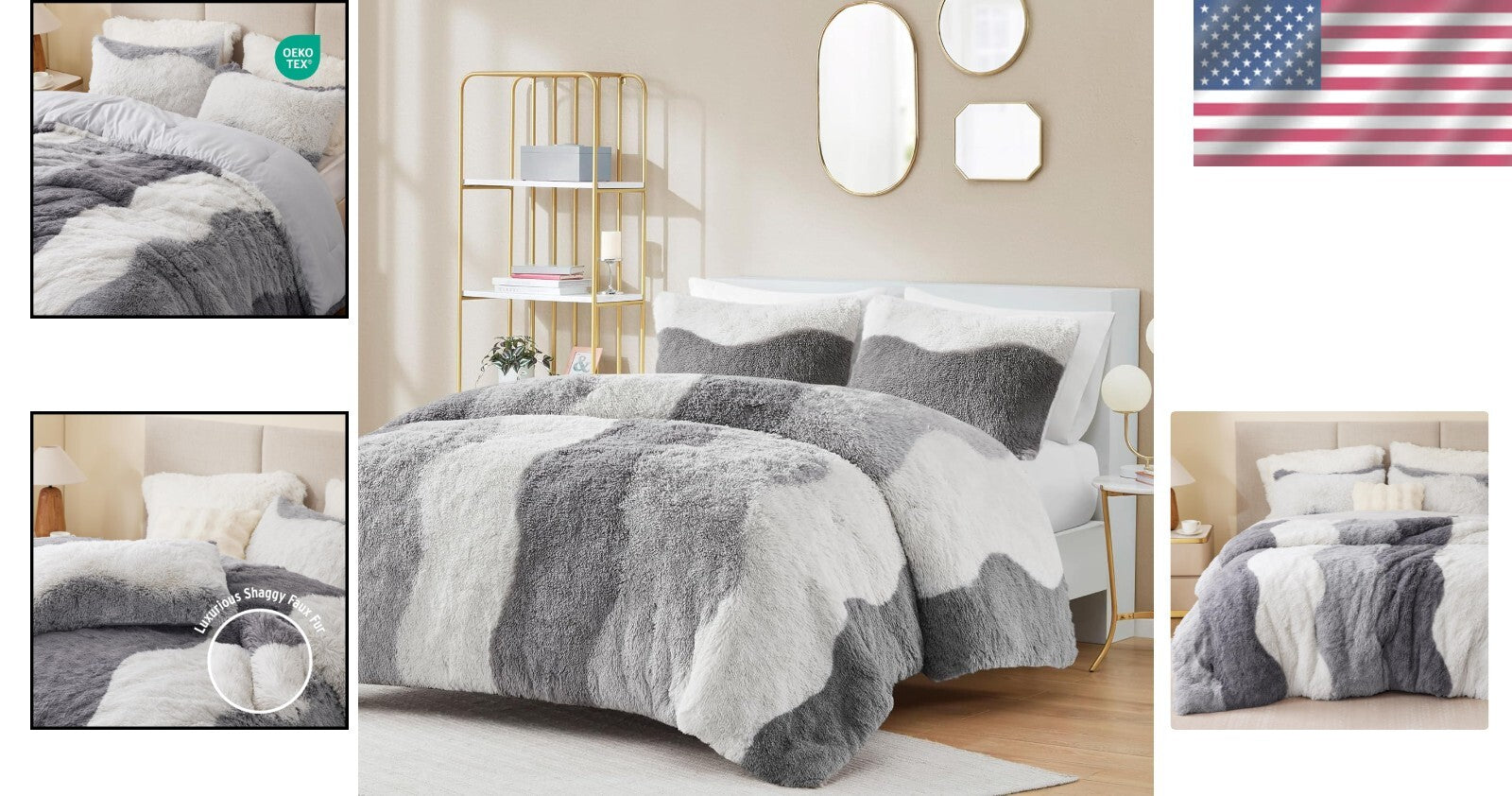 Oeko-Tex Certified Shaggy Faux Fur Comforter Set in Stylish Grey Ombre, 3-Piece