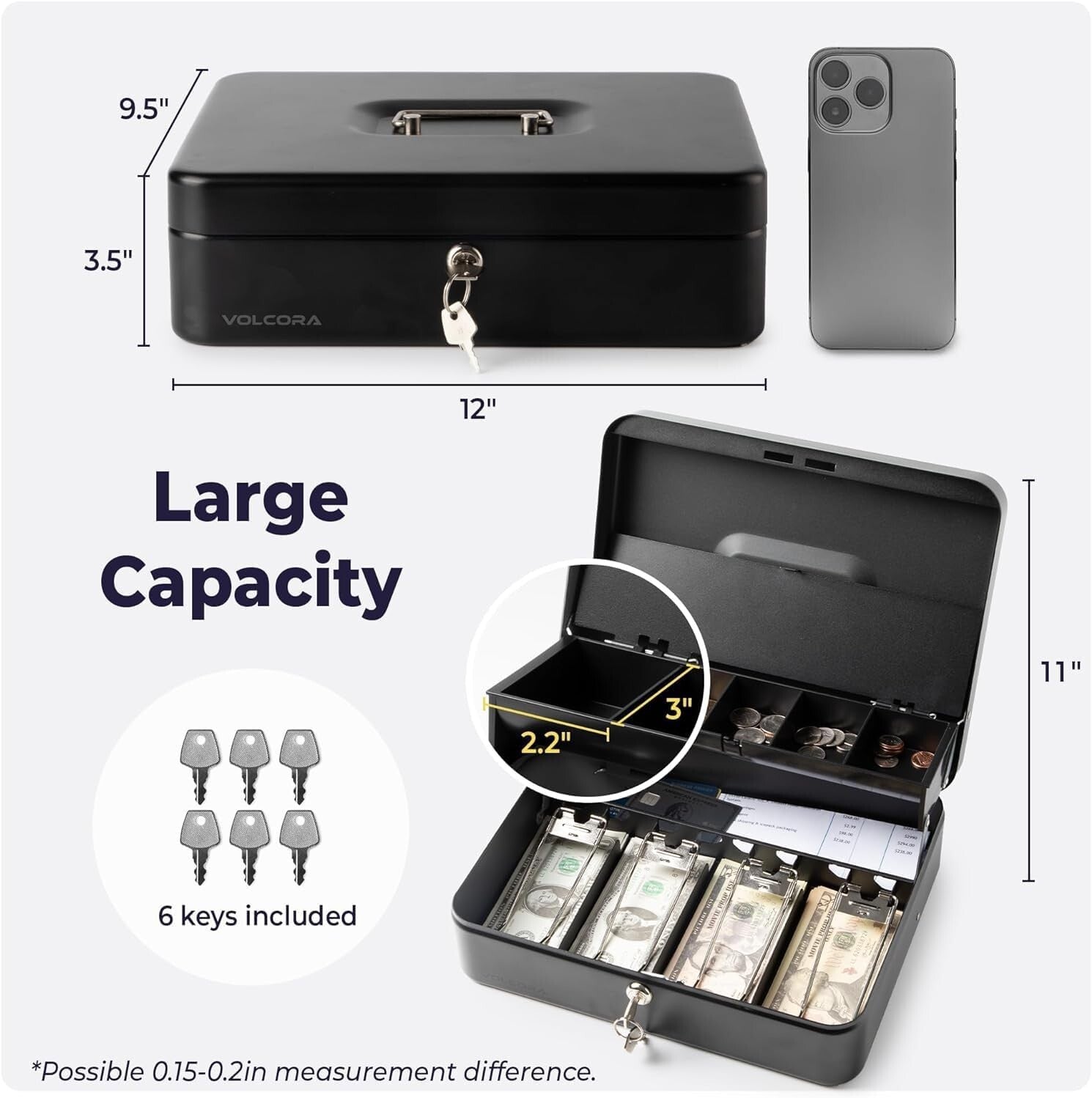 Large Metal Cash Safe with Key Lock and Tray for Yard Sales & Small Business