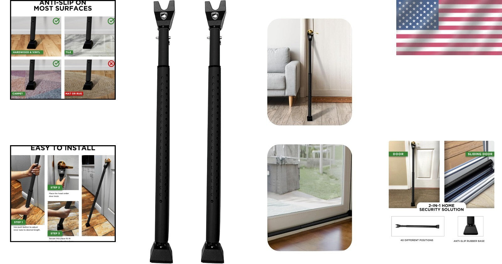 2-in-1 Adjustable Door Jammer & Security Bar - 40 Positions, 300 lbs Capacity