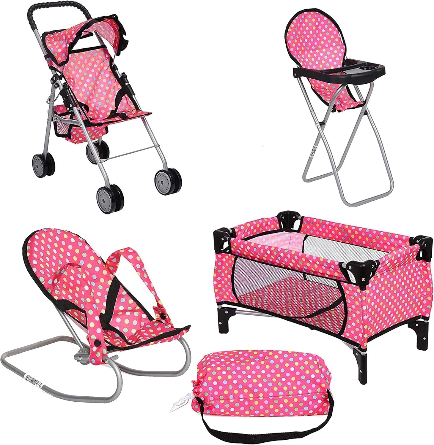 4-Piece Doll Play Set: Pack 'n Play, Stroller & High Chair for 18