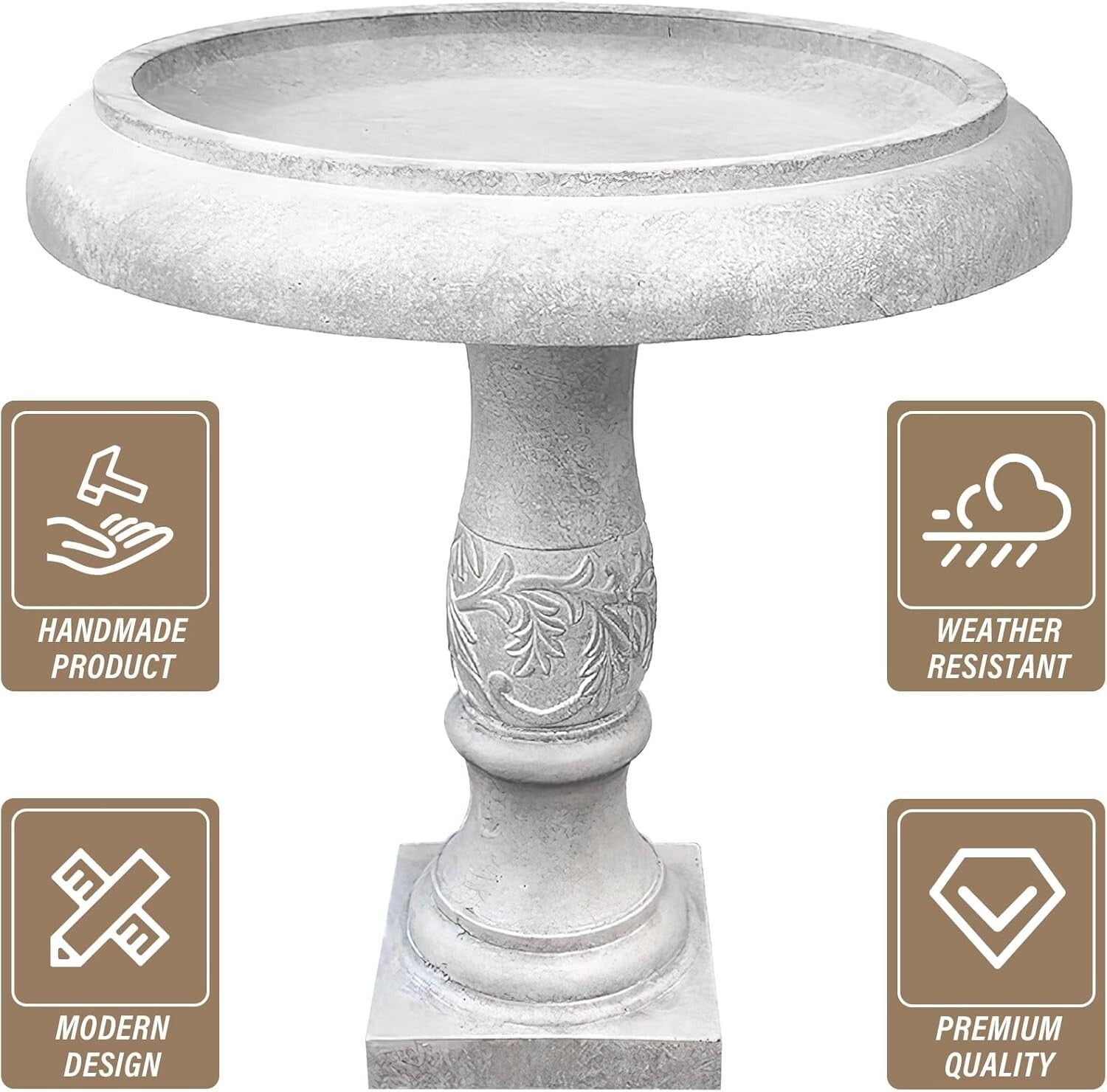 Classic 22.8" Concrete Birdbath with Flower Pattern - Durable Outdoor Beauty