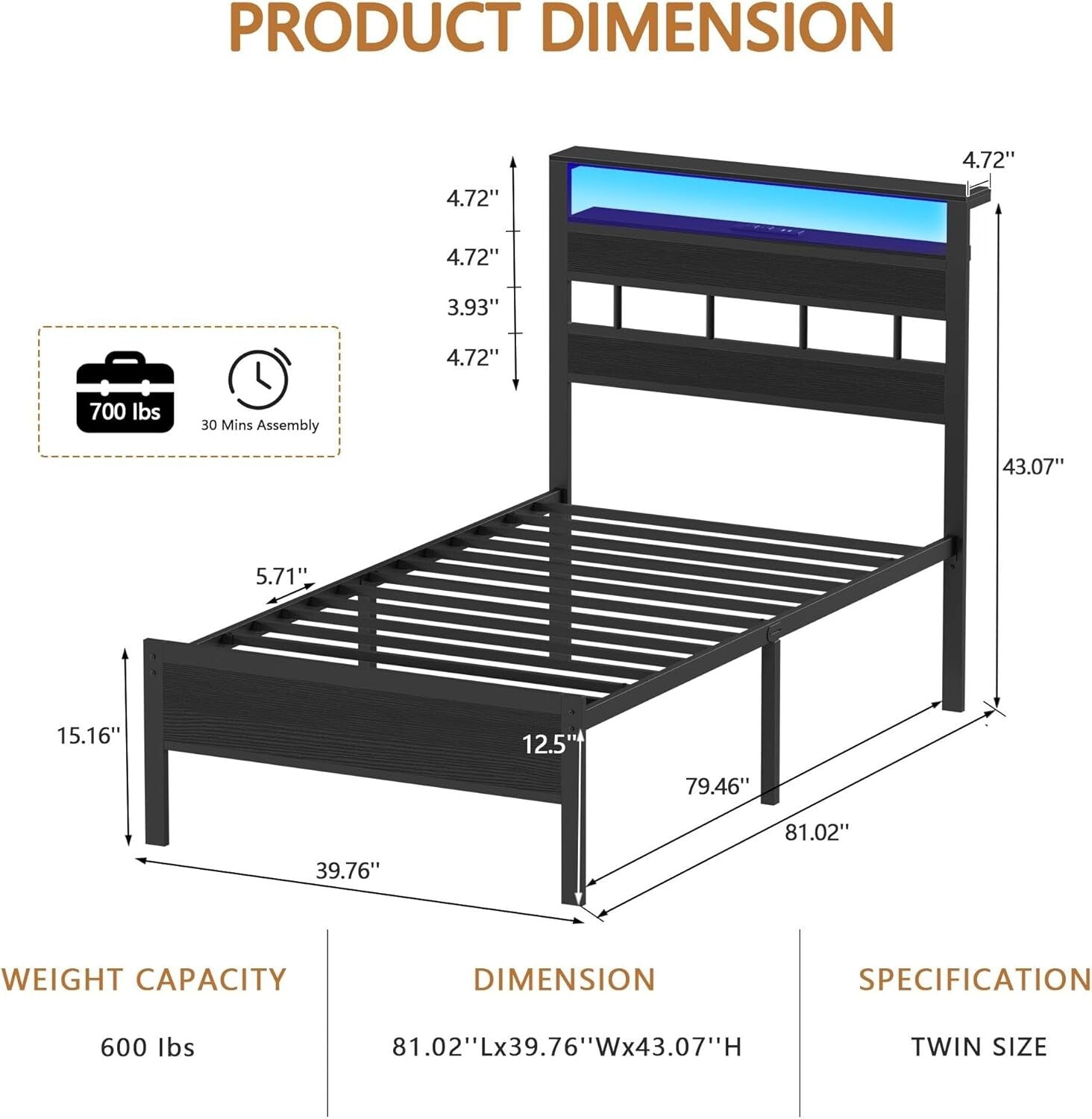 Durable Twin Bed Frame with USB Charging Station & Under-Bed Storage Solutions