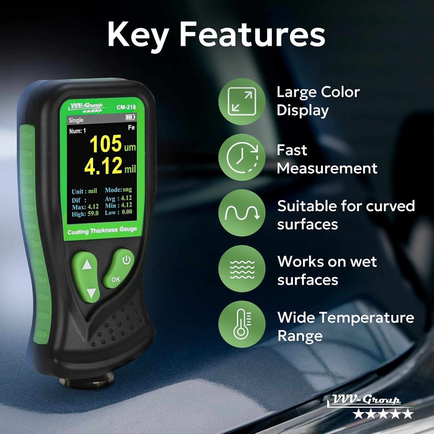 Digital Coating Thickness Gauge - Precision Paint Depth Meter with USB Recharge