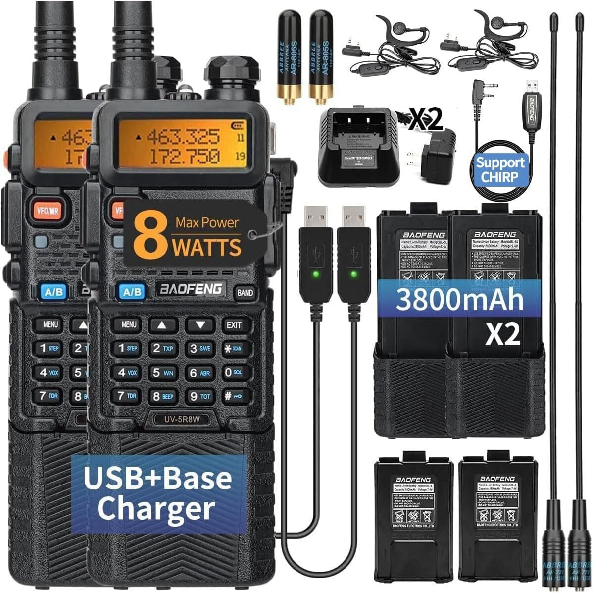 High Power UV-5R Handheld Radio: 8W Transmission, USB Charging + Earpiece Bundle