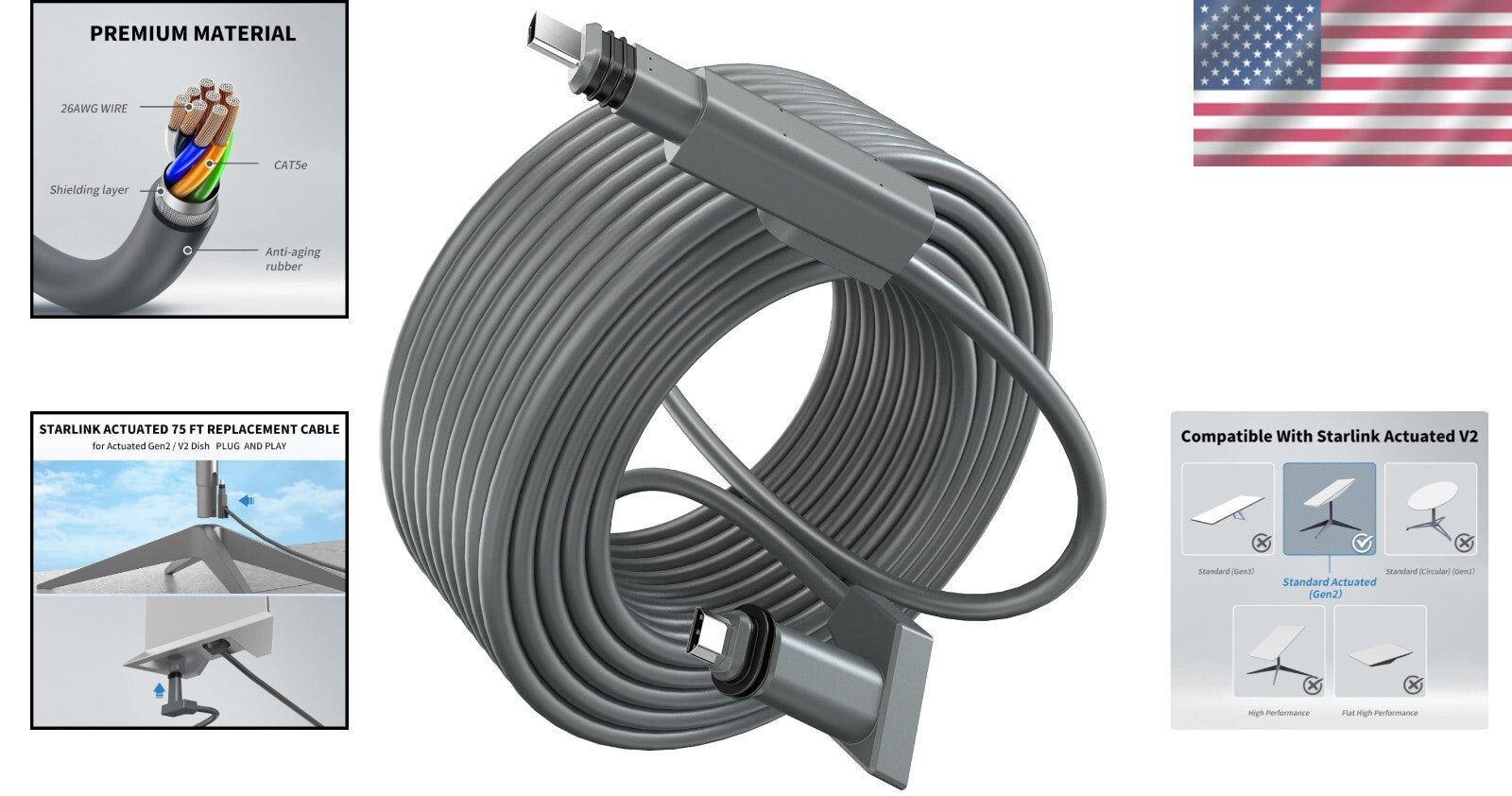 75FT Weatherproof Starlink Extension Cable for Gen 2 – High-Speed Connectivity