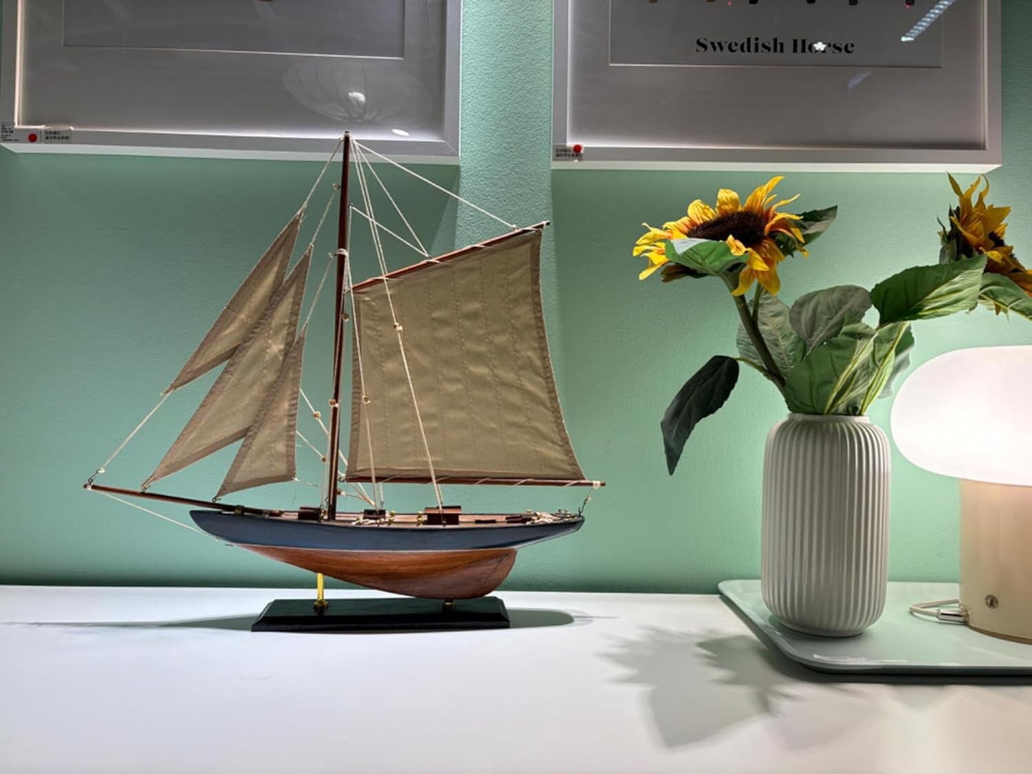 Large Pre-Assembled Sailboat Model with Plank-On-Frame Hull - 20.5" Navy Decor
