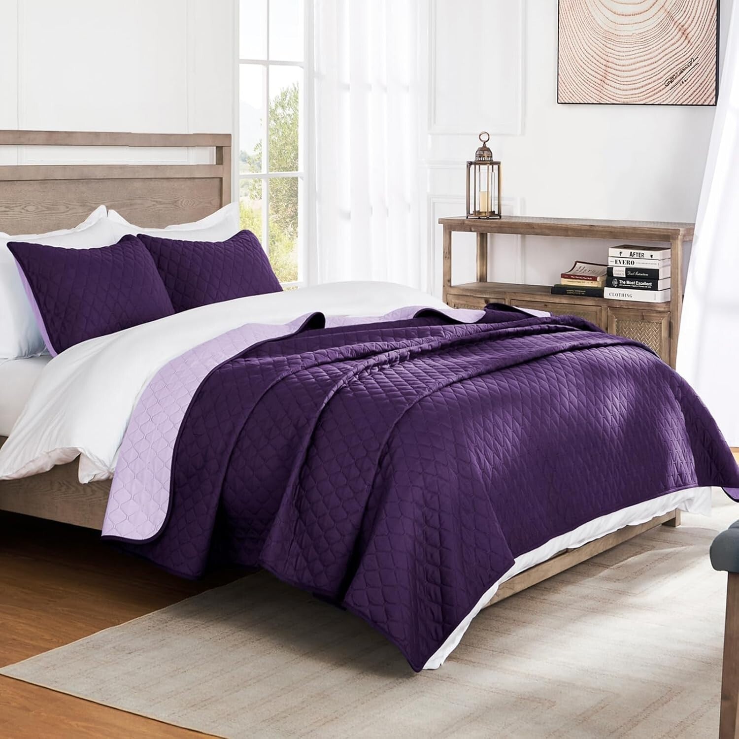 Reversible King Size Quilt Set - Lightweight & Stylish Deep Purple/Lilac