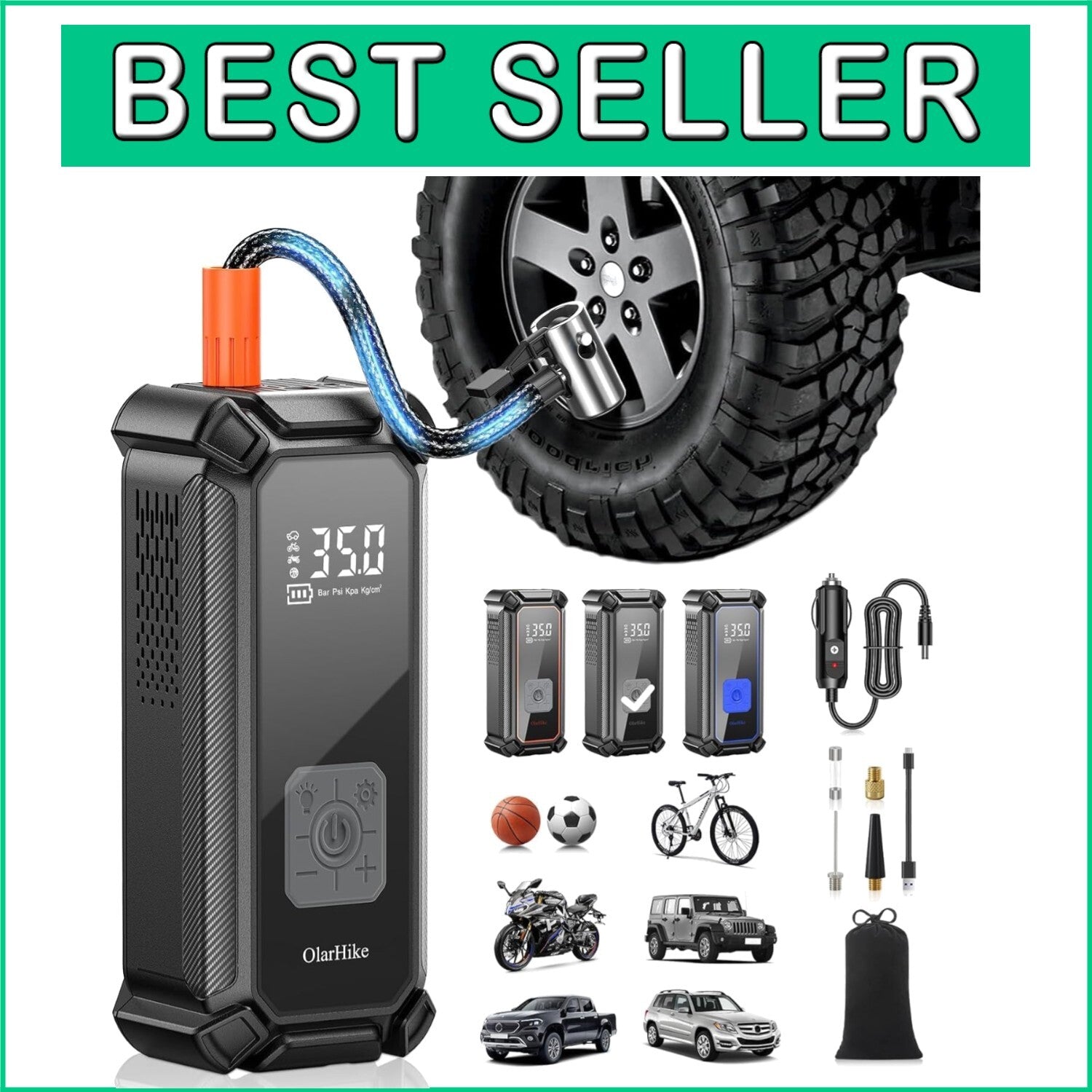 Fast Charging 9000mAh Cordless Tire Inflator with 5 Accessories and Storage Bag