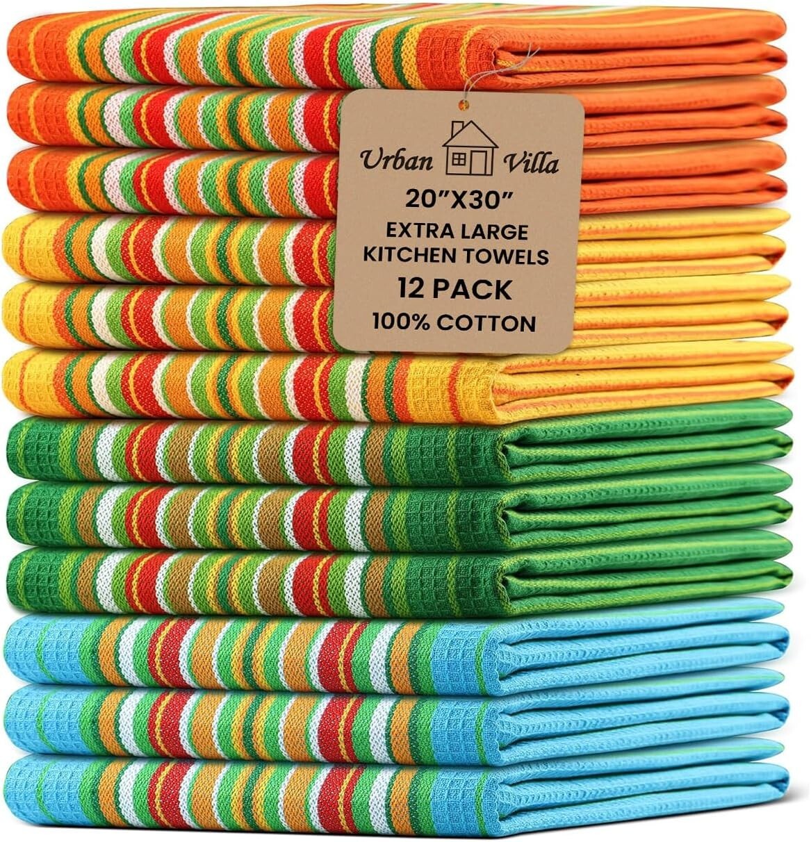 Absorbent 100% Cotton Kitchen Towels - 12 Pack, Reusable & Lint-Free Dish Cloths