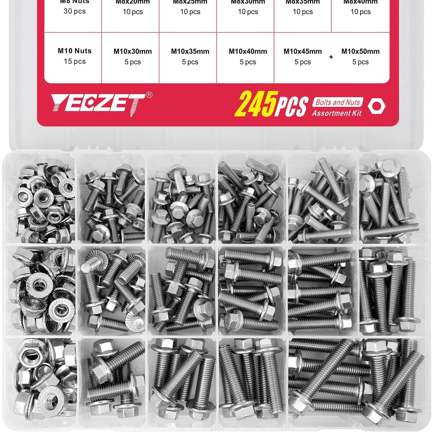 15 Size Metric Flanged Bolt & Nut Kit - Corrosion-Resistant 304 Stainless Steel