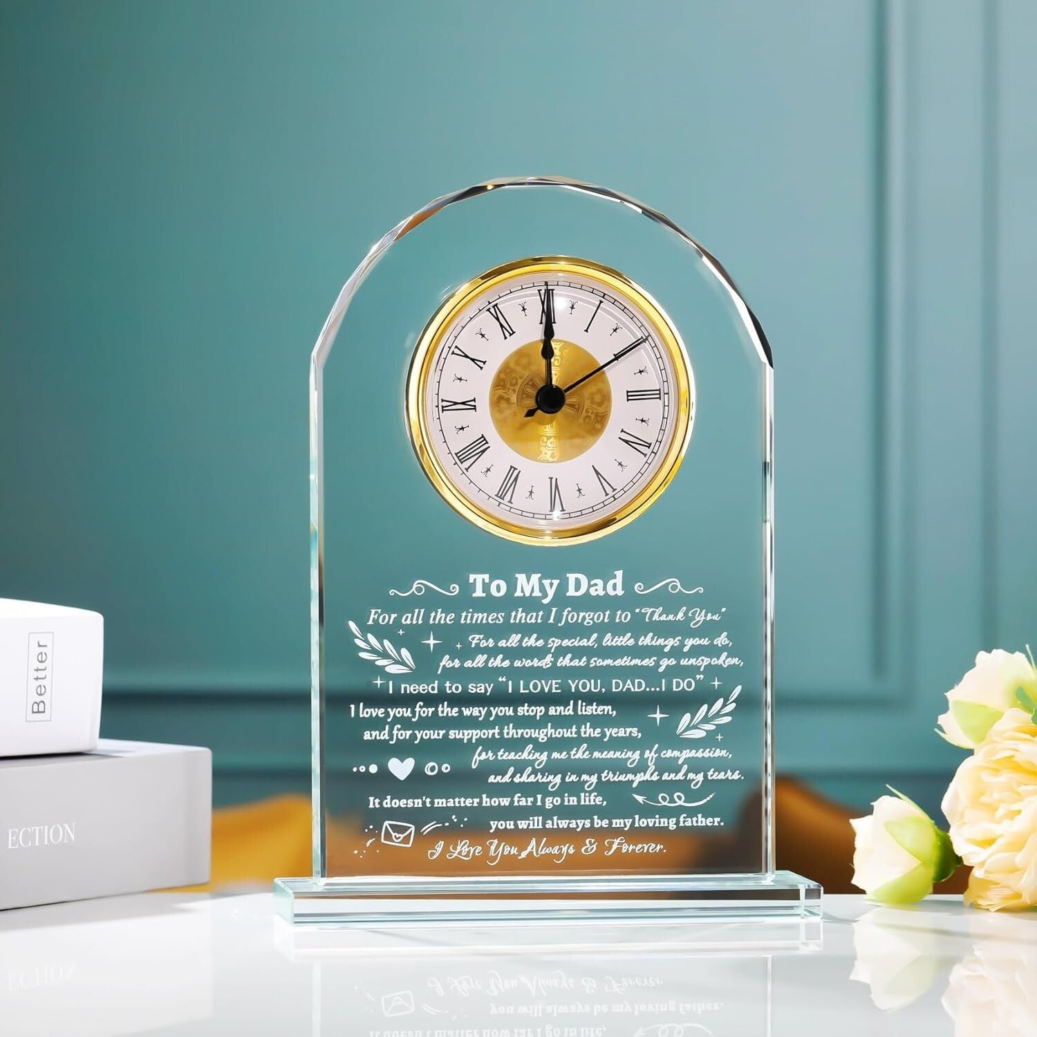 Elegant Quartz Clock with Meaningful Quote - Framed Glass Gift for Fathers