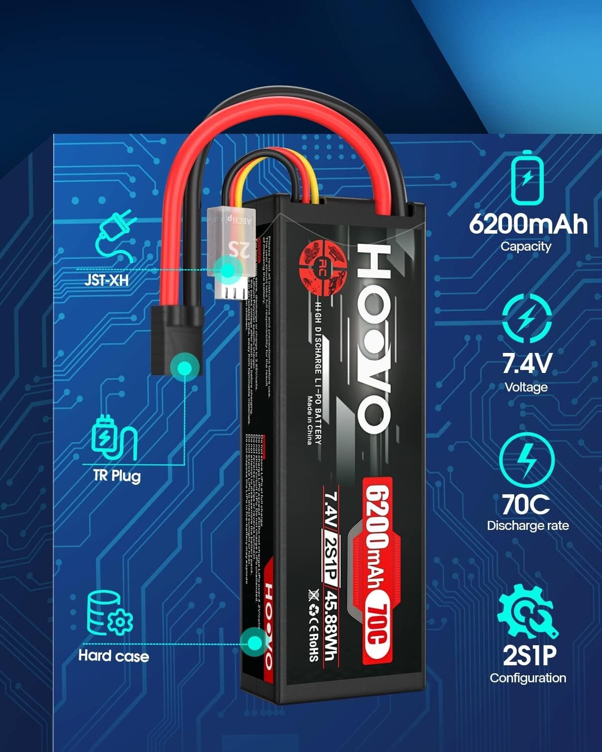 7.4V 6200mAh 2S Lipo Battery with Tracxas Plug - Perfect for RC Cars & Drones
