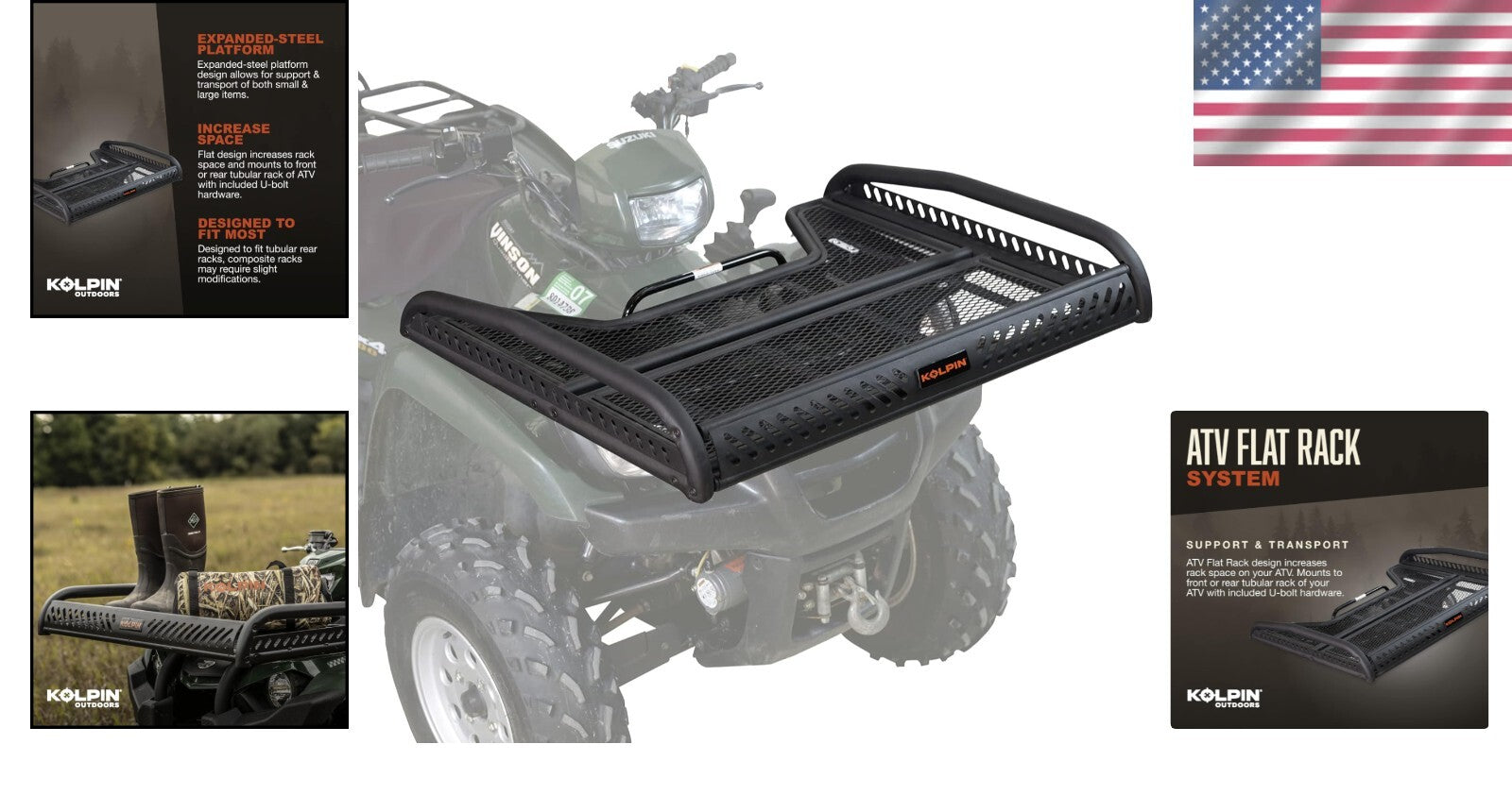Versatile Black ATV Flat Rack, 110-220 lbs Load Capacity - Easy U-Bolt Mounting