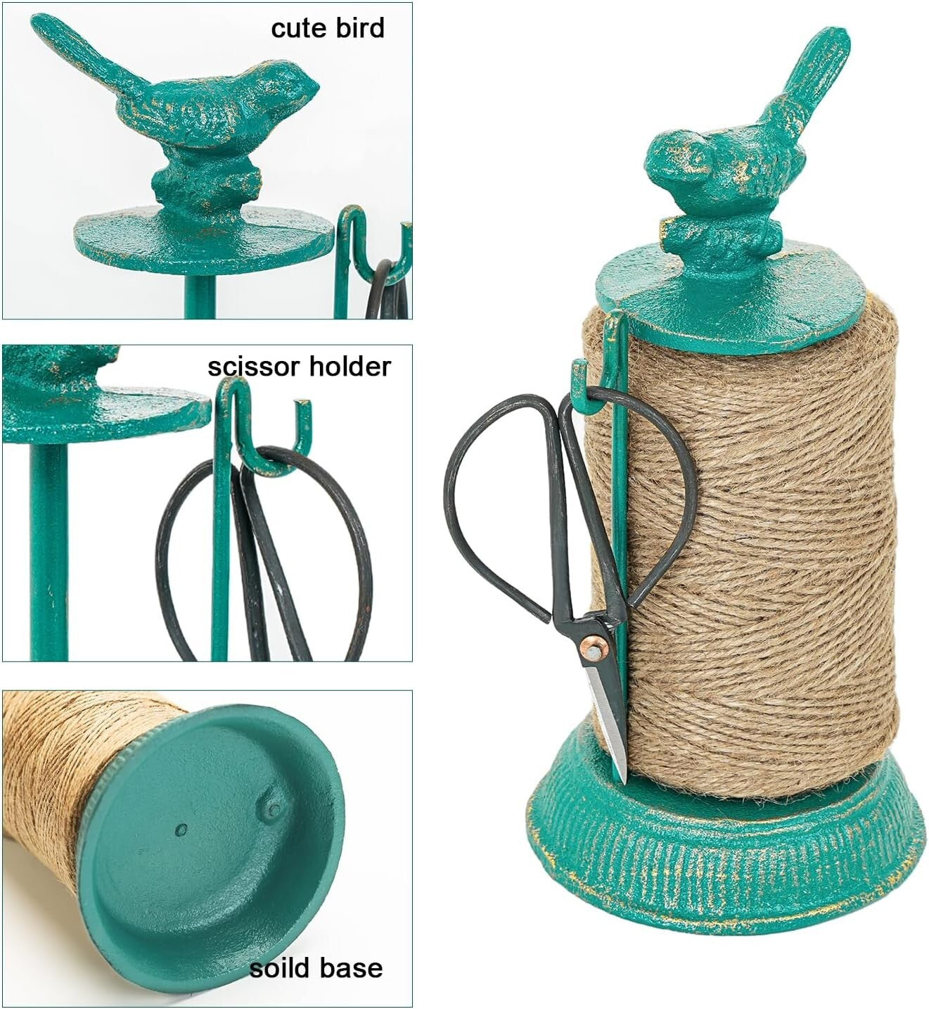Decorative Cast Iron Twine Holder with 1300ft. Natural Jute String and Scissors