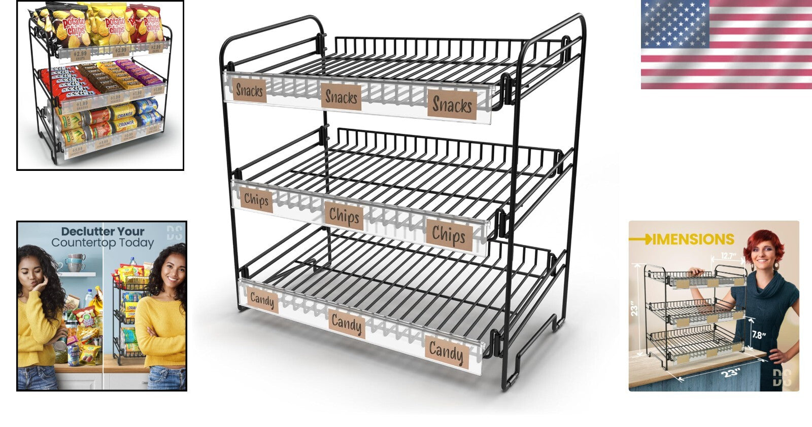 Versatile Black Metal Snack Rack with Clips - Perfect for Concession Stands