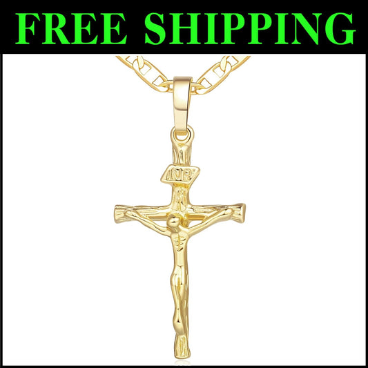 Versatile 14K Gold Cross Necklace with Detailed Jesus Pattern - Unisex Style