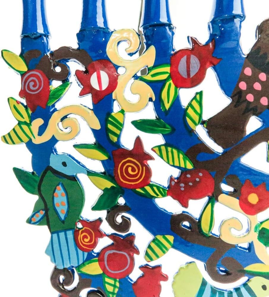 Stunning Blue Menorah Featuring Tree Design & Colorful Birds - Perfect Gift