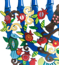 Load image into Gallery viewer, Stunning Blue Menorah Featuring Tree Design &amp; Colorful Birds - Perfect Gift