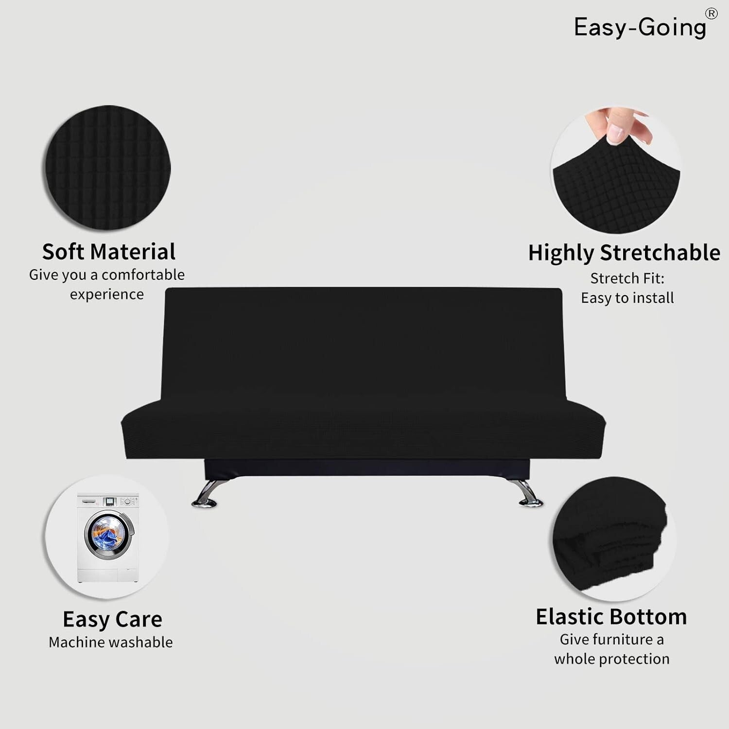 Elegant Black Armless Futon Slipcover - Stretchy Jacquard Fabric Protector