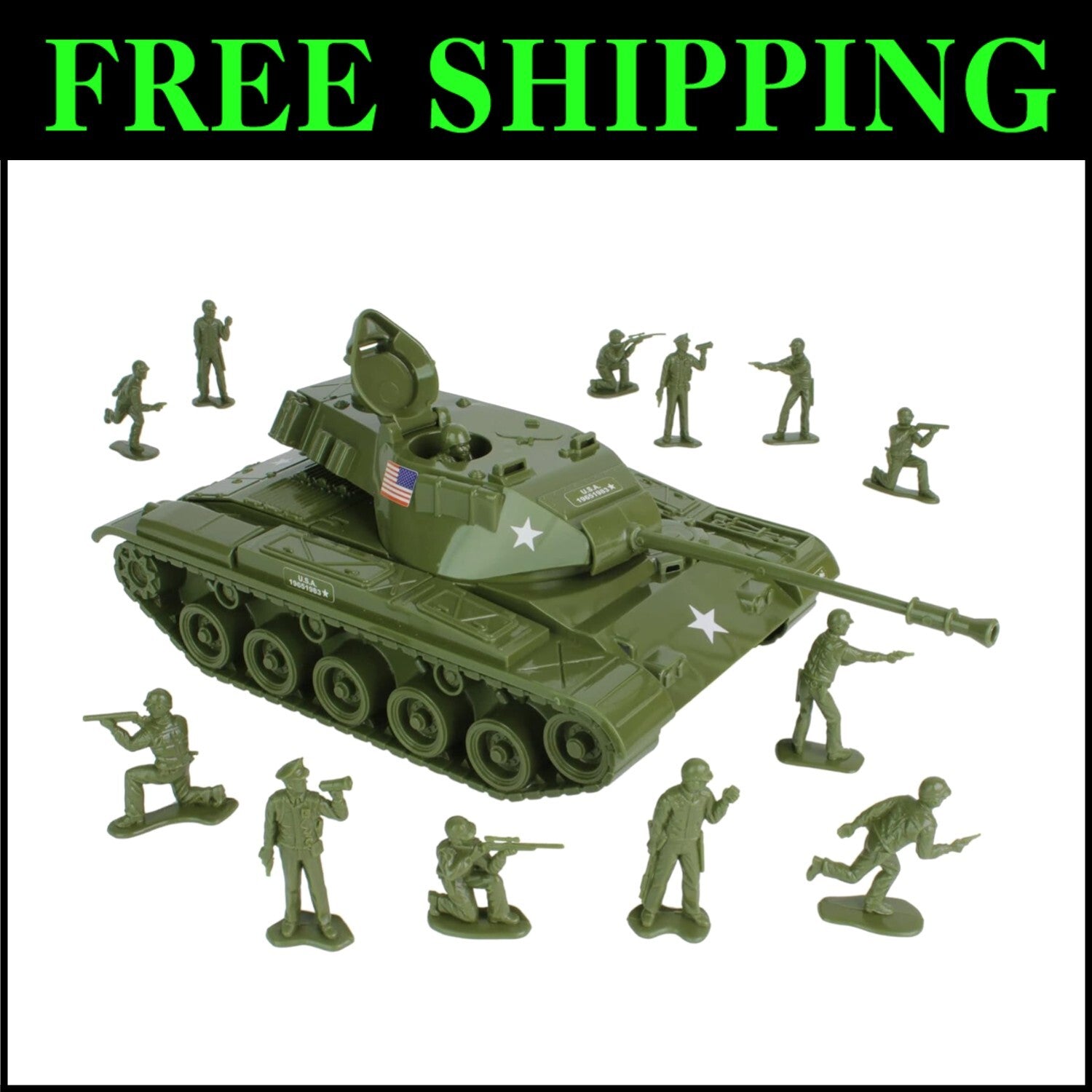 Impressive OD Green Walker Bulldog Tank Playset with 12 Soldiers - 14 inch Size