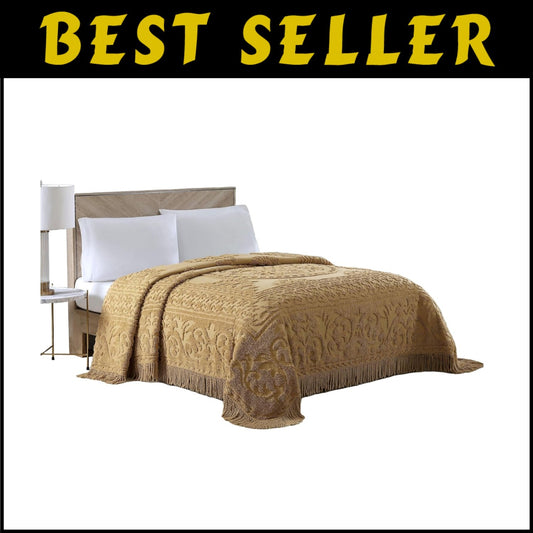 Luxurious Gold Chenille King Bedspread with Medallion Design - Vintage Charm
