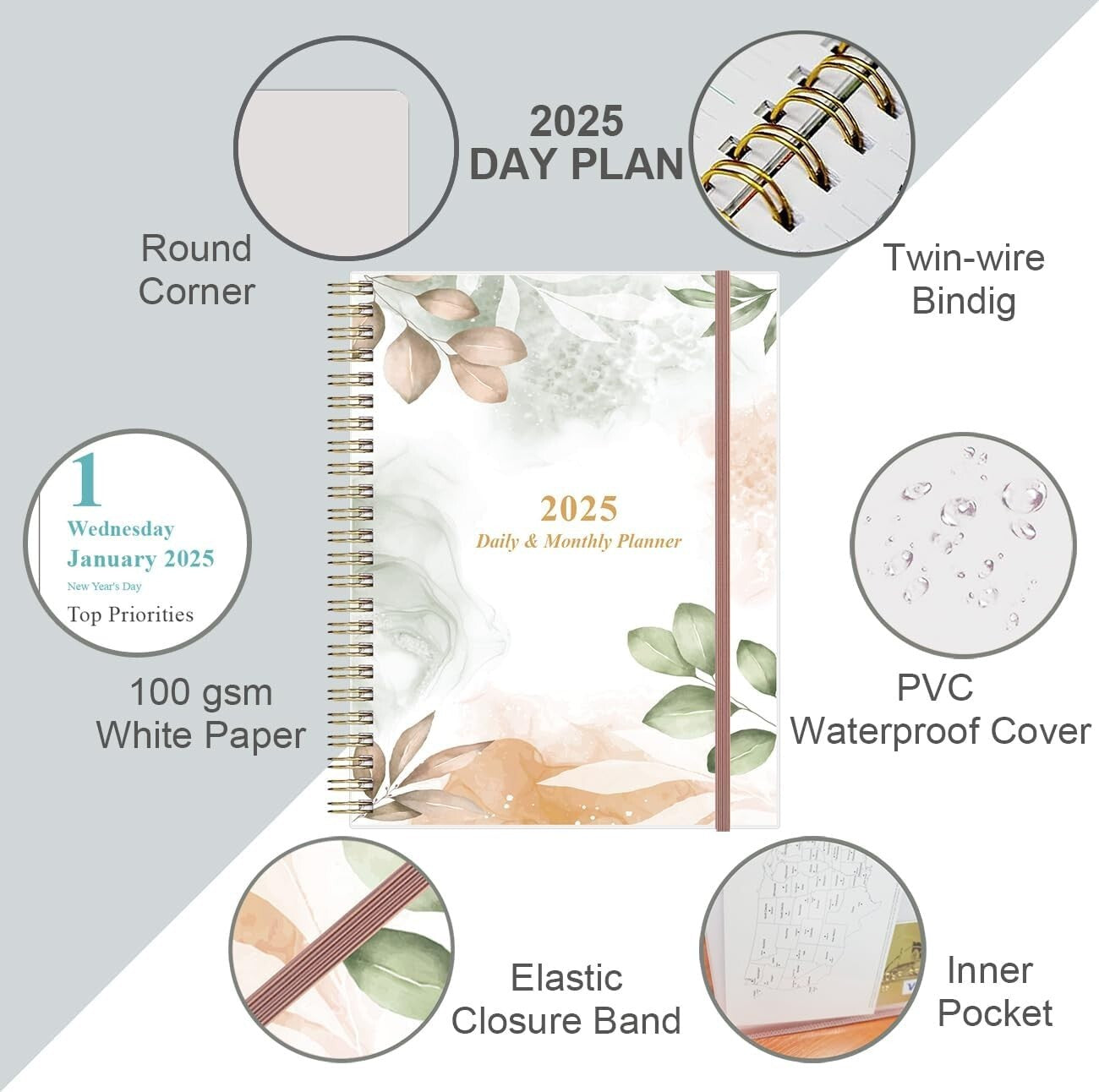 2025 Daily & Monthly Planner with Flexible Cover - One Page Per Day, 8.5" x 11"