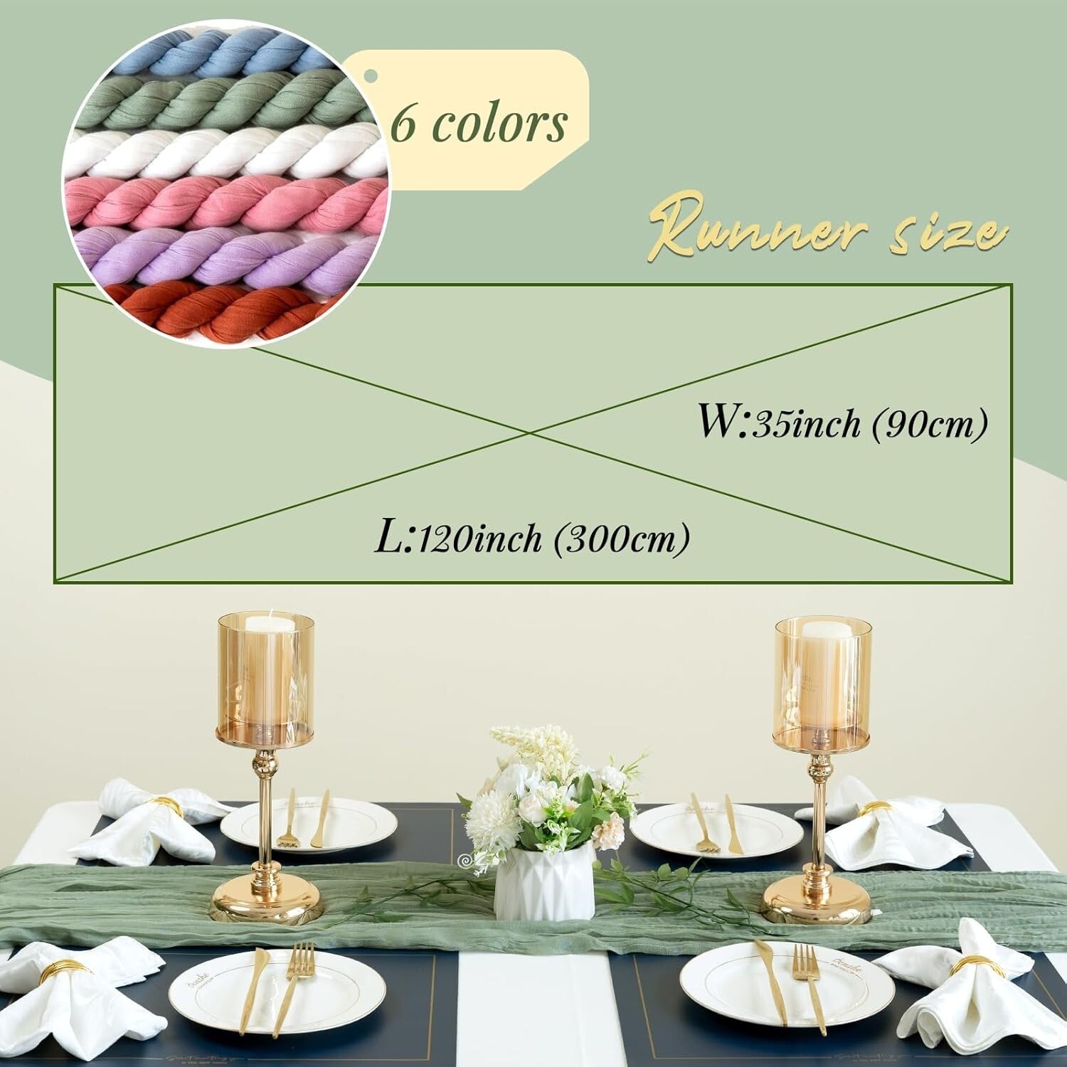 Sage Green Cheesecloth Table Runner 10ft for Elegant Weddings & Celebrations