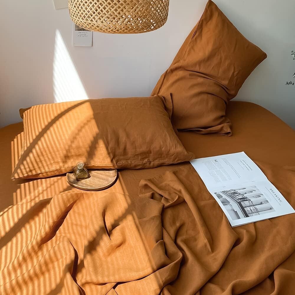 Elegant 4-Piece Rust Linen Bedding Set - King Size Pre-Washed Farmhouse Style