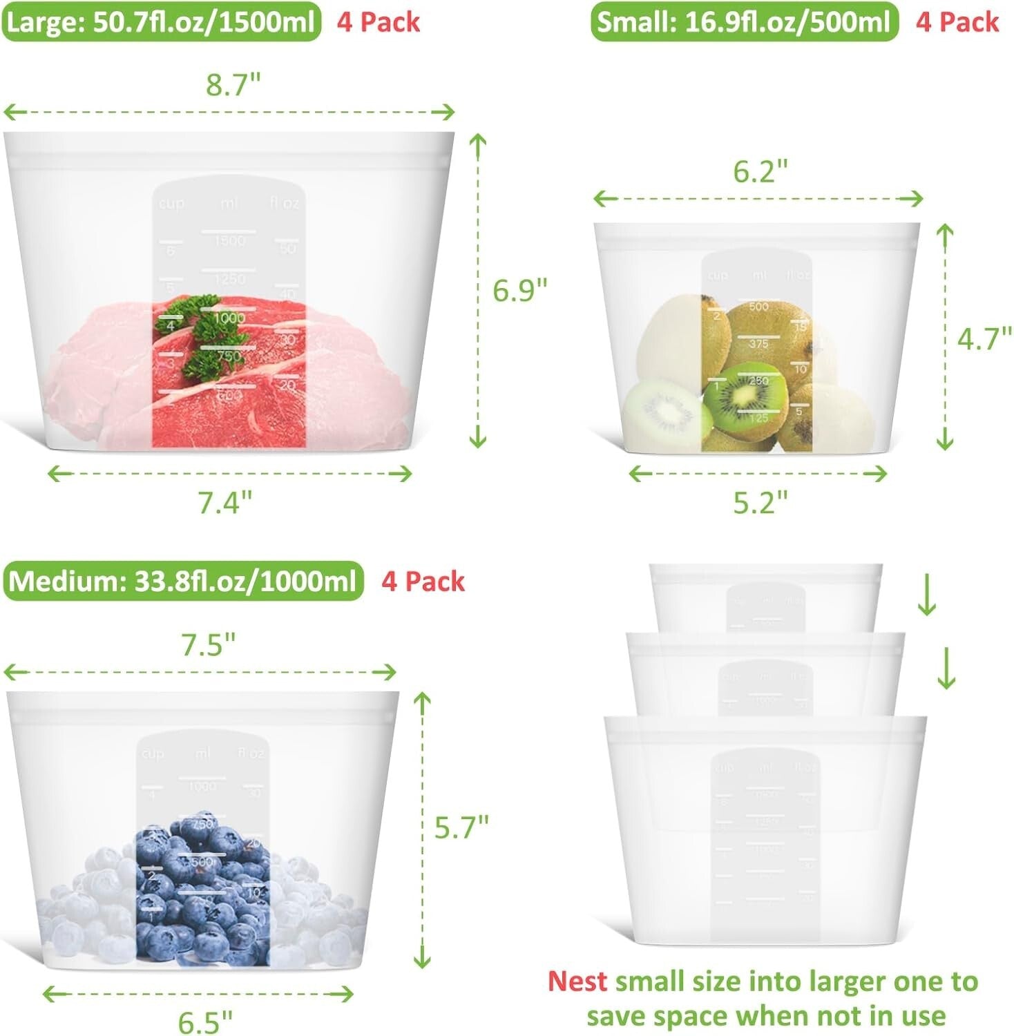 12-Pack Food-Grade Silicone Bags - Ziplock, Microwave, Freezer, Dishwasher Safe