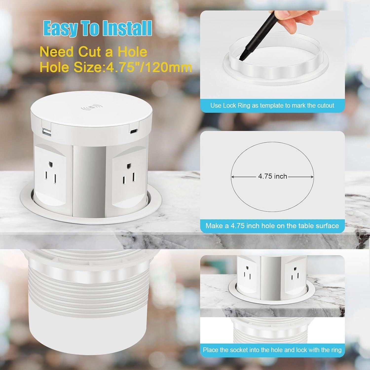 Automatic Pop-Up Outlet with 4 AC & USB Ports - Wireless Charging Convenience