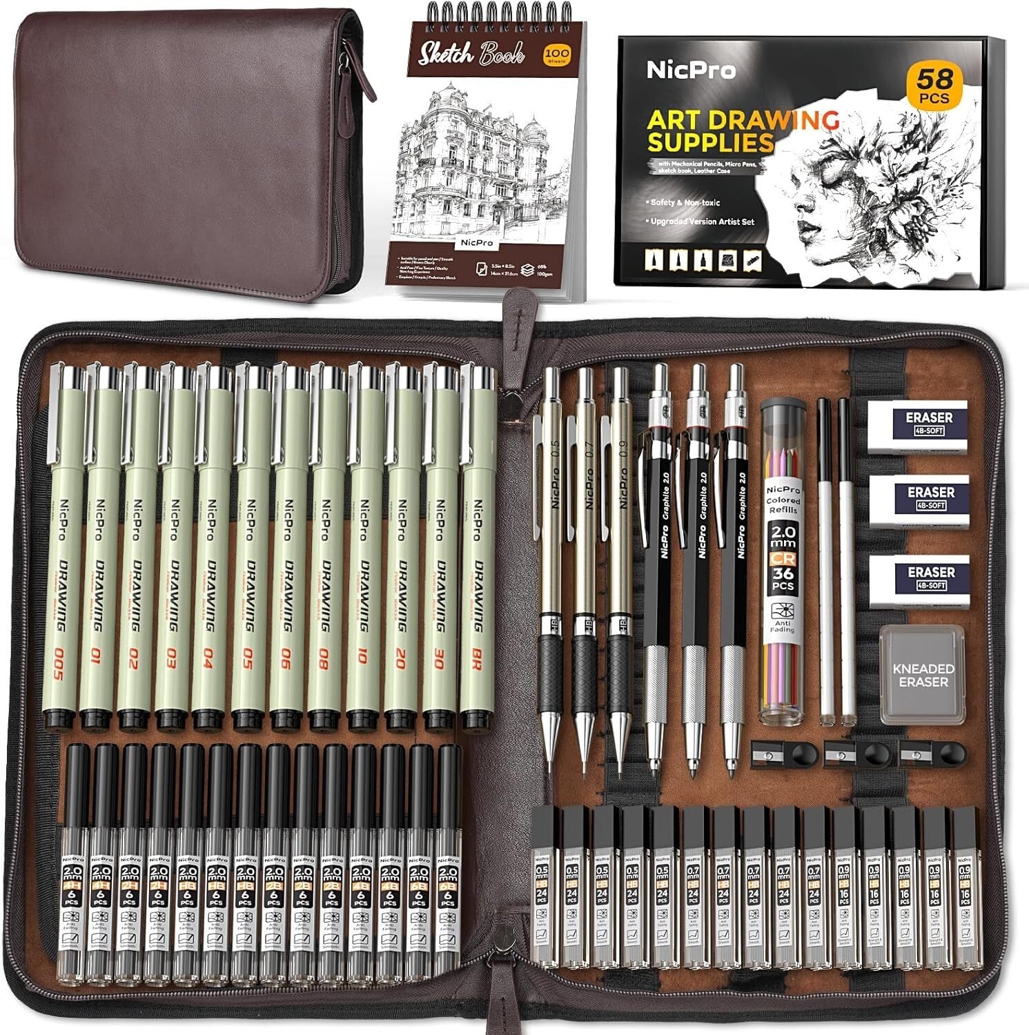 All-in-One 58PCS Drawing Supplies with Leather Case - Mechanical Pencils & More
