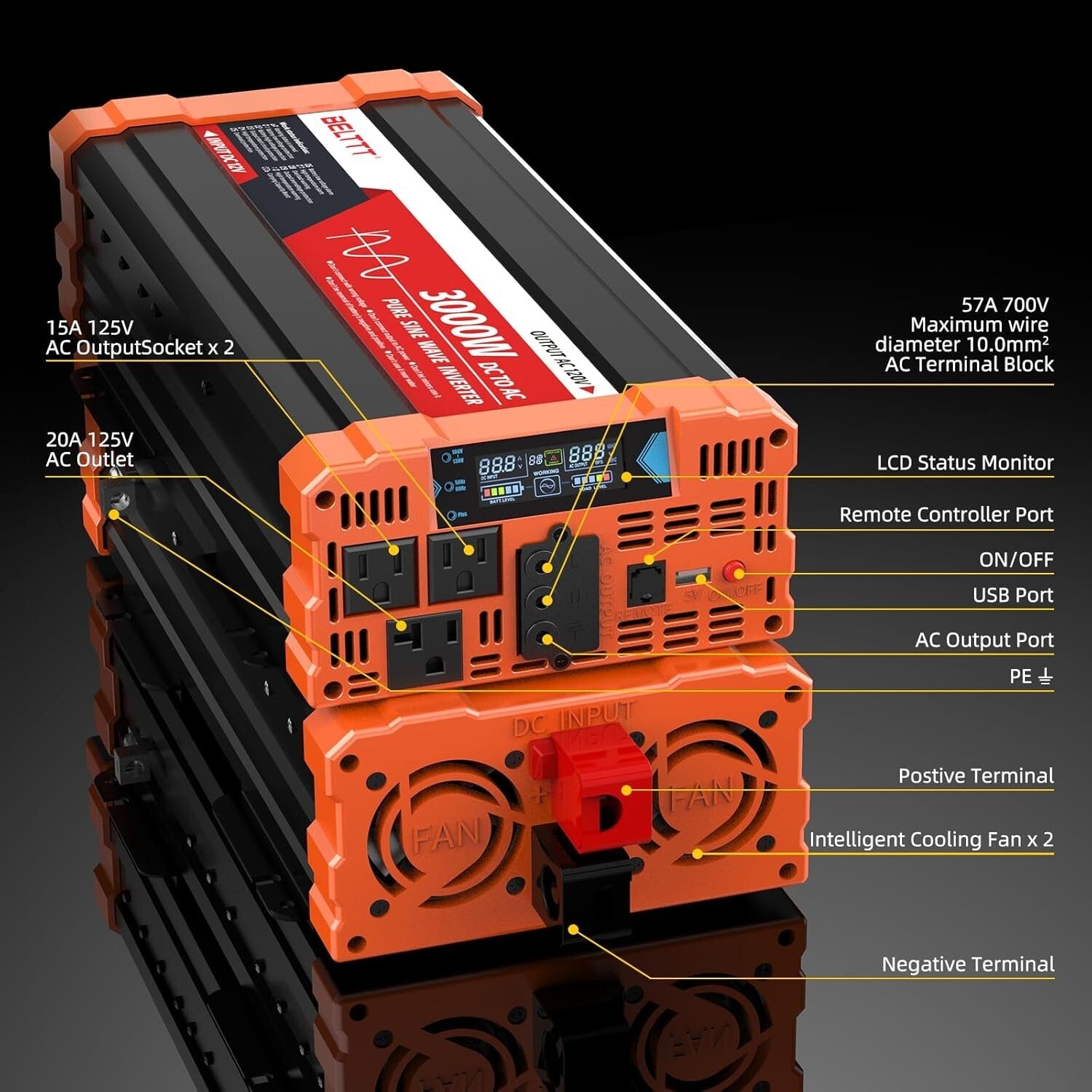 Reliable 3000W Solar Inverter - 12V to 120V with USB Ports & Hardwire Options