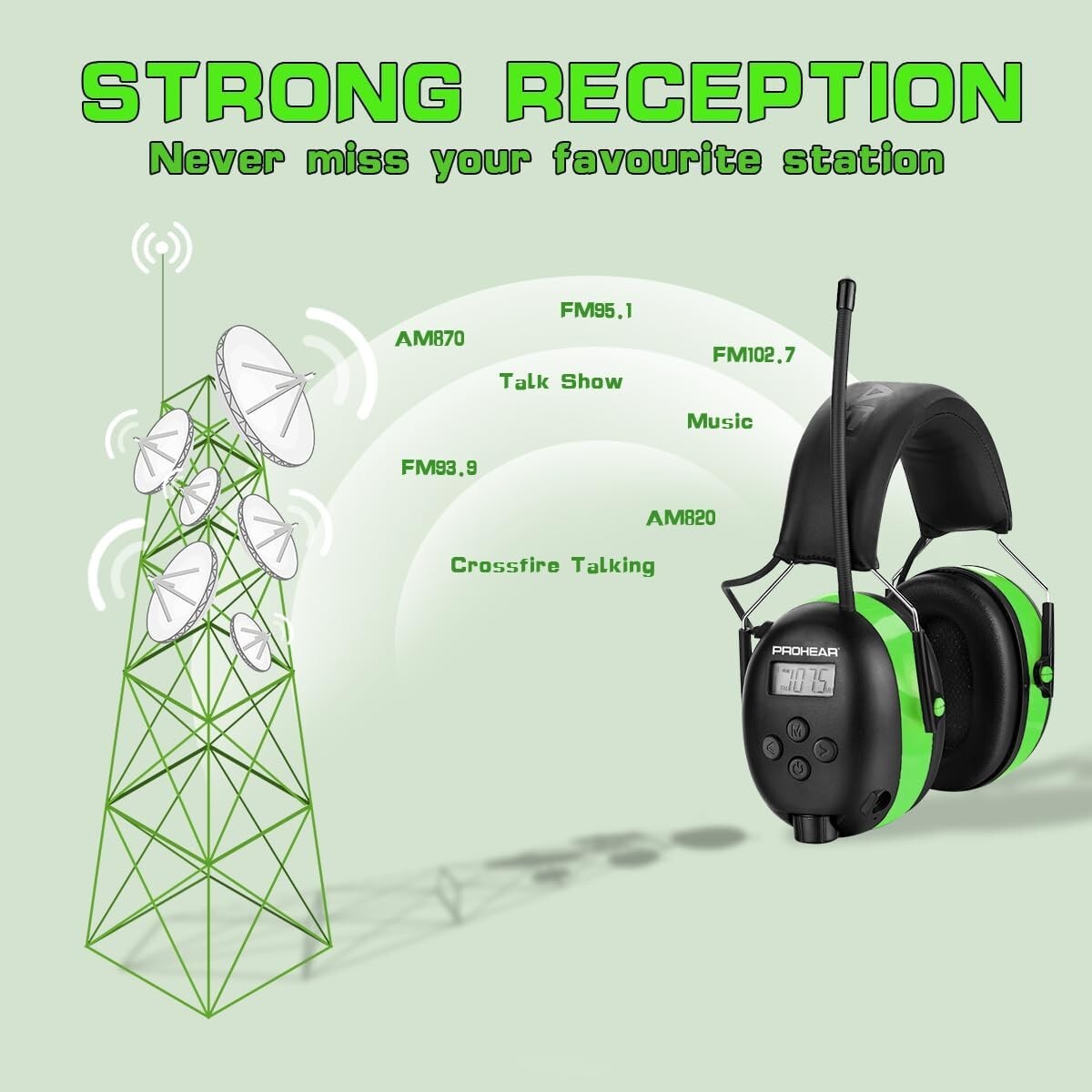 Durable Green Earmuffs with 25dB NRR and Digital Radio for Outdoor Noise Control