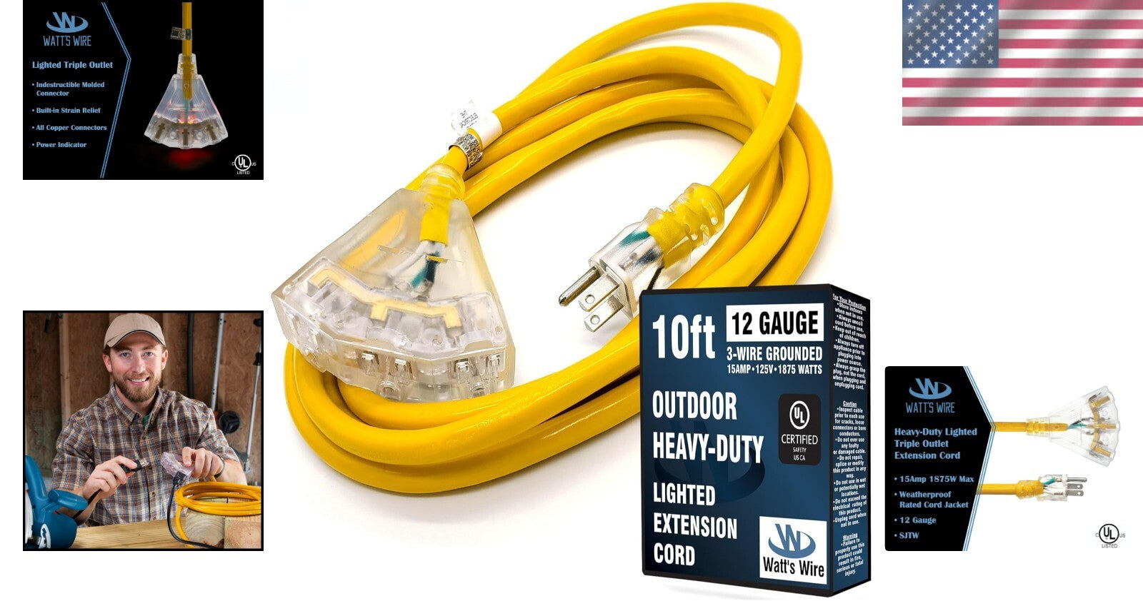 10 ft Yellow 12-Gauge Heavy Duty Extension Cord - Ideal for Tools & Appliances