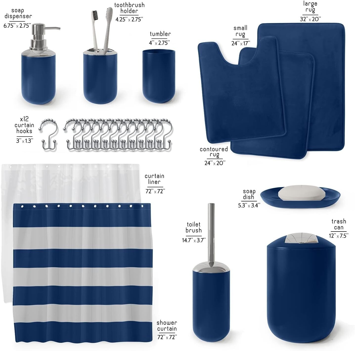 Elegant Navy Blue Bathroom Set with Rug, Shower Curtain & Accessory Essentials