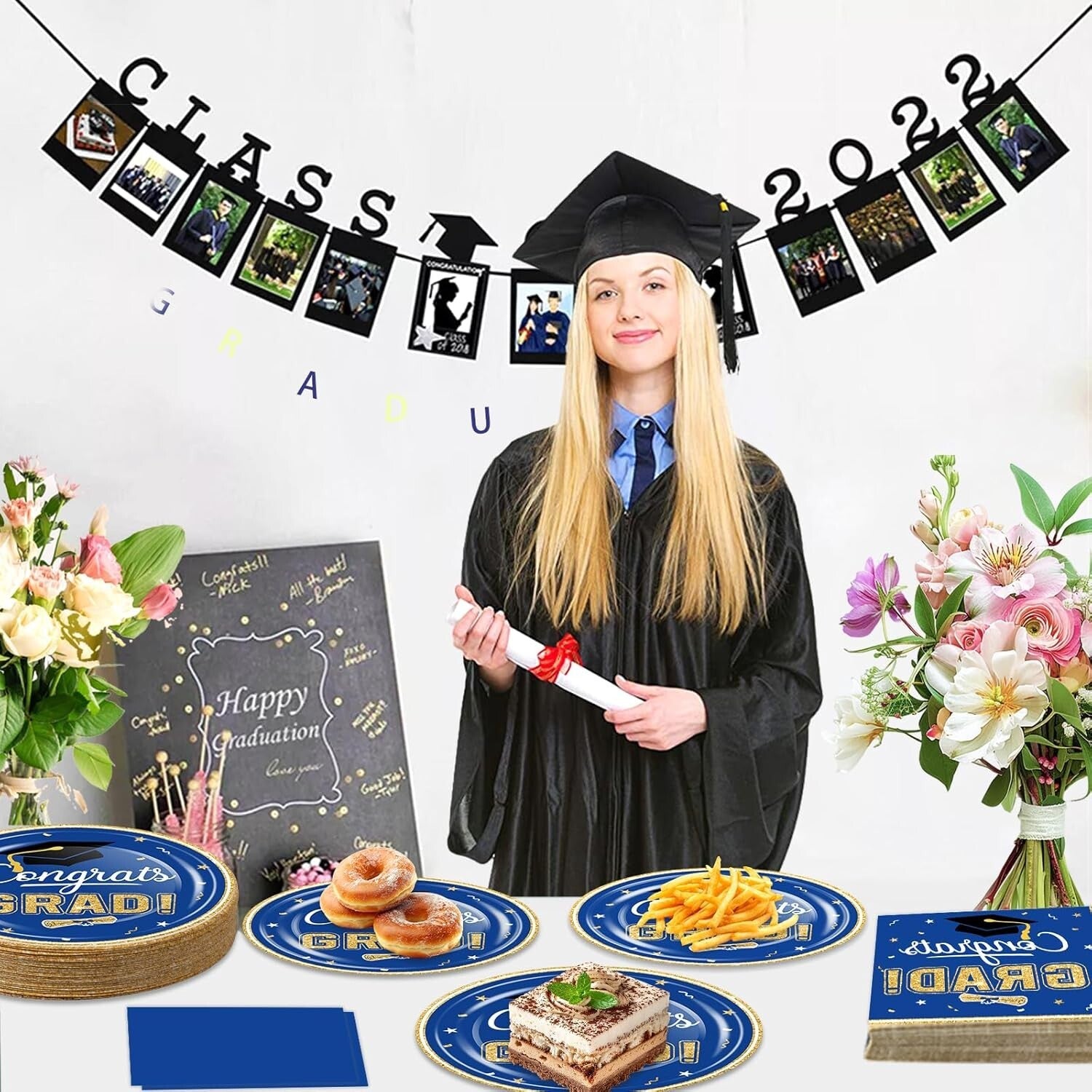 Elegant Blue White Graduation Party Set - 320-Piece Disposable Dinnerware for 80