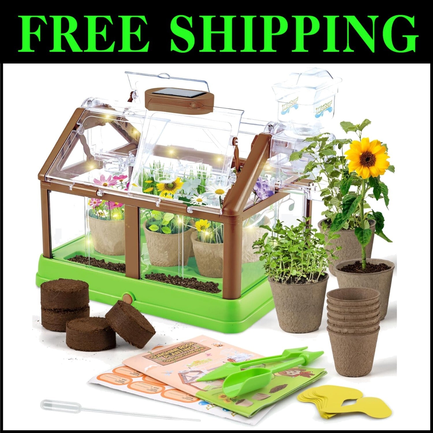 Interactive Kids Plant Growing Set - Mini Greenhouse with Irrigation & LED Light