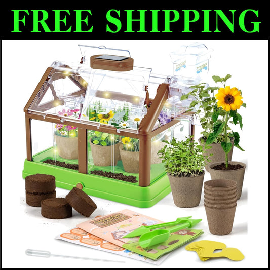 Interactive Kids Plant Growing Set - Mini Greenhouse with Irrigation & LED Light