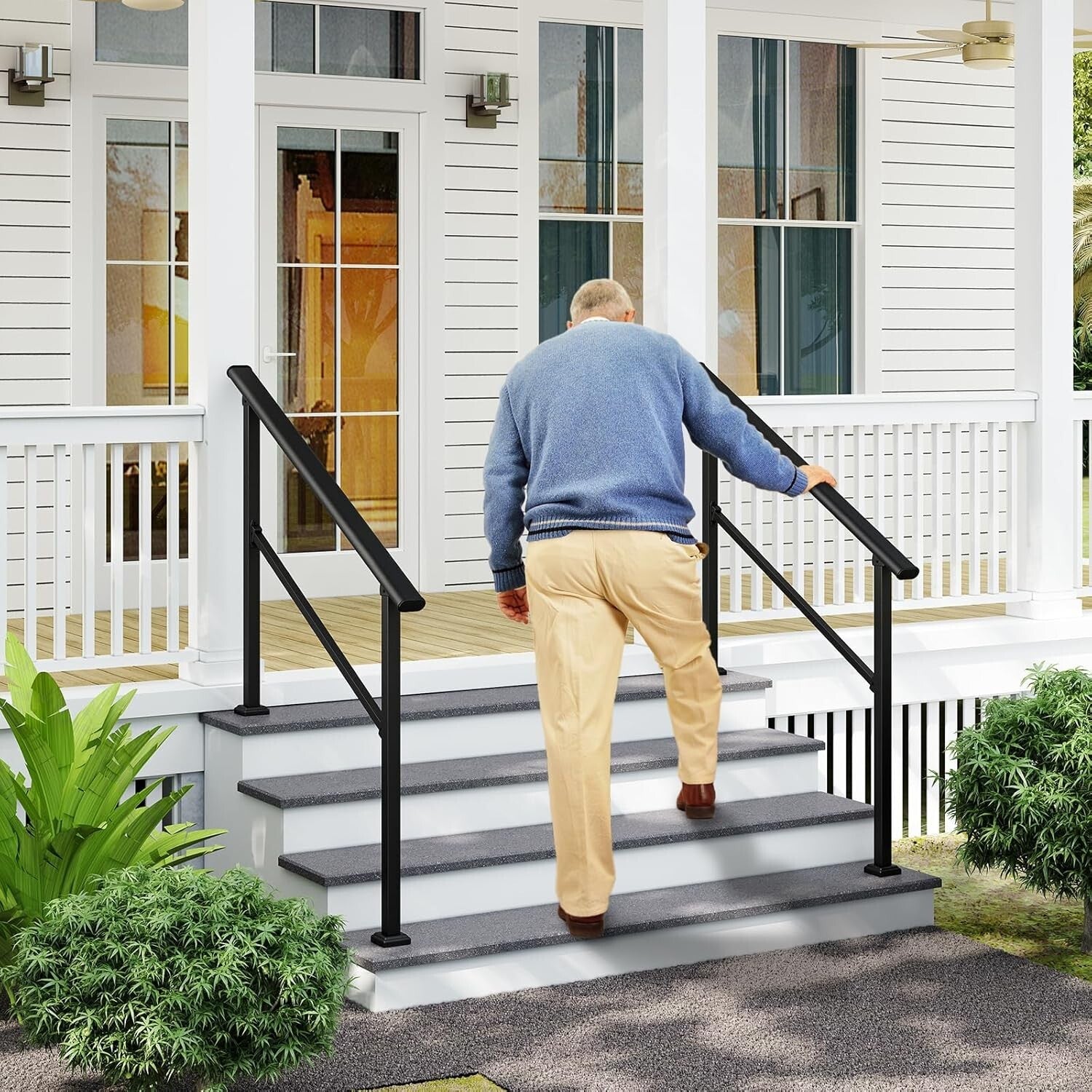 Elegant Black Wrought Iron Outdoor Handrails - 2 Pack for Easy Install Steps