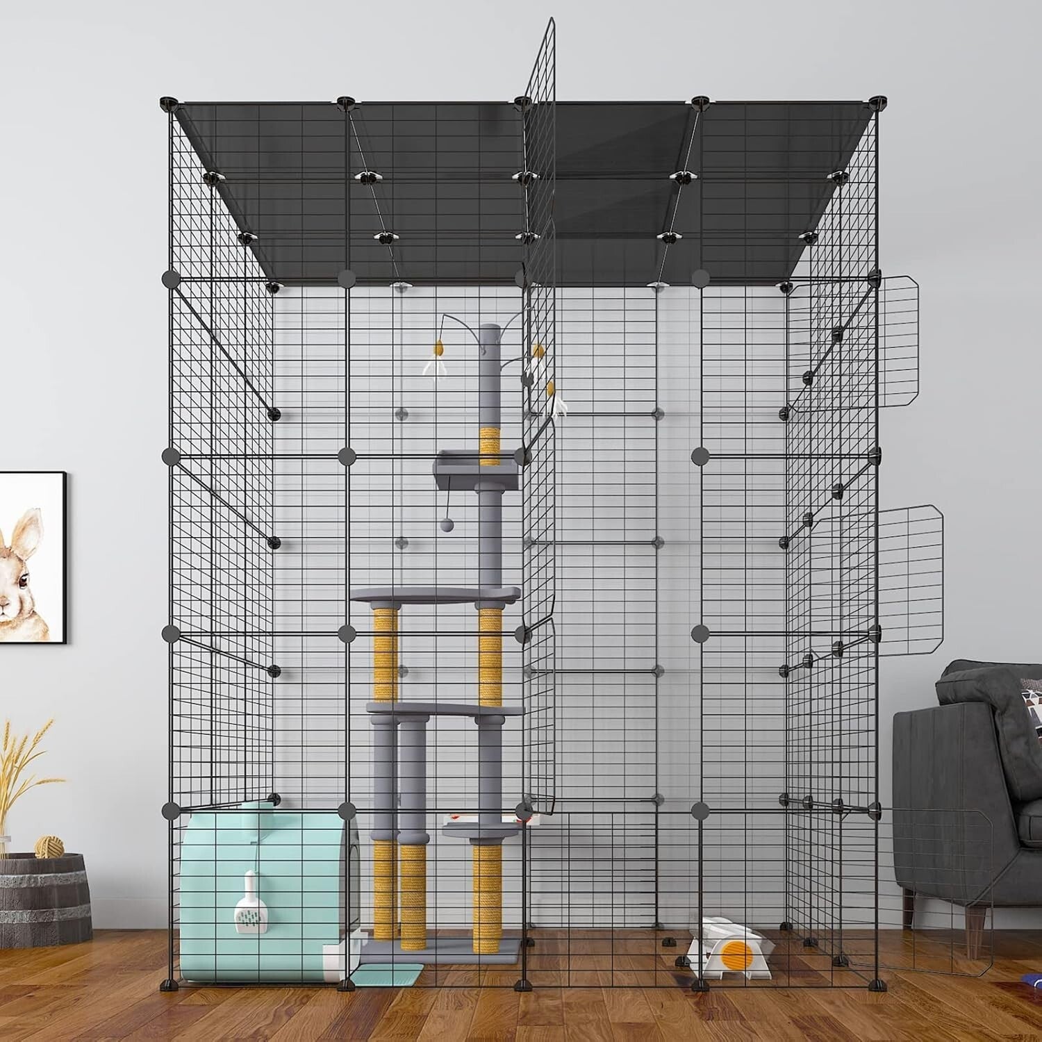 Modern Black Metal Cat Cage with Scratching Posts - Ideal for Indoor Leisure