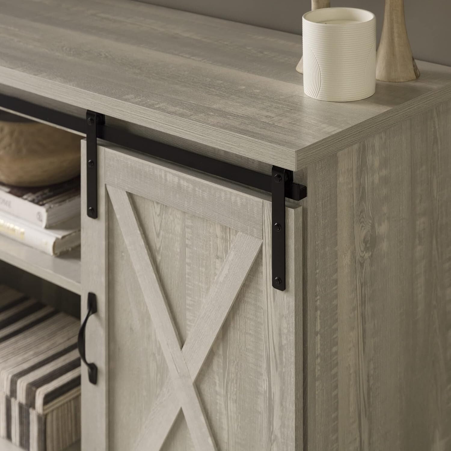 Charming 58-Inch Stone Grey TV Stand with Sliding Doors and 3 Adjustable Shelves