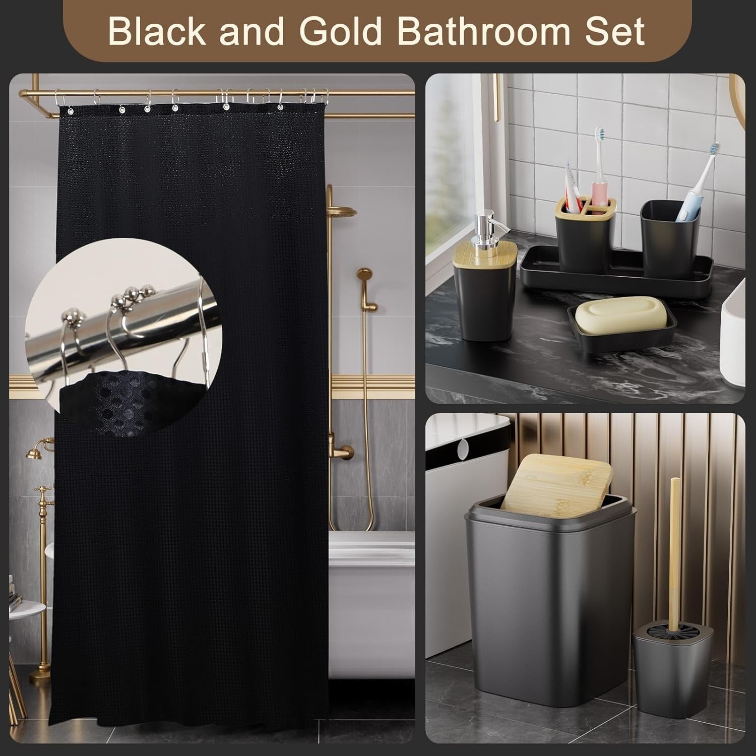 24-Piece Luxury Bathroom Set with Waterproof Shower Curtain & Rugs - Black/White