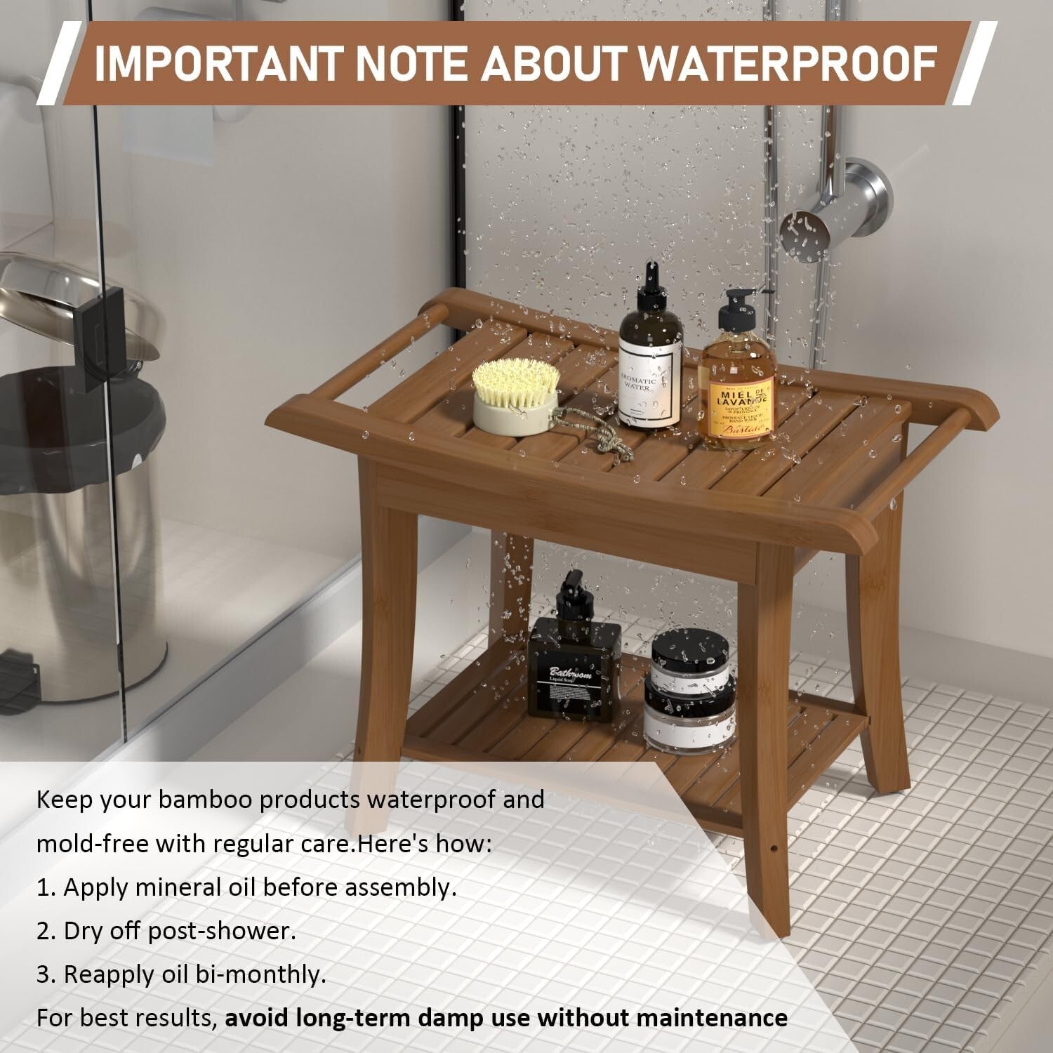 Waterproof Bamboo Shower Stool with Storage Shelf - Elegant Walnut Finish